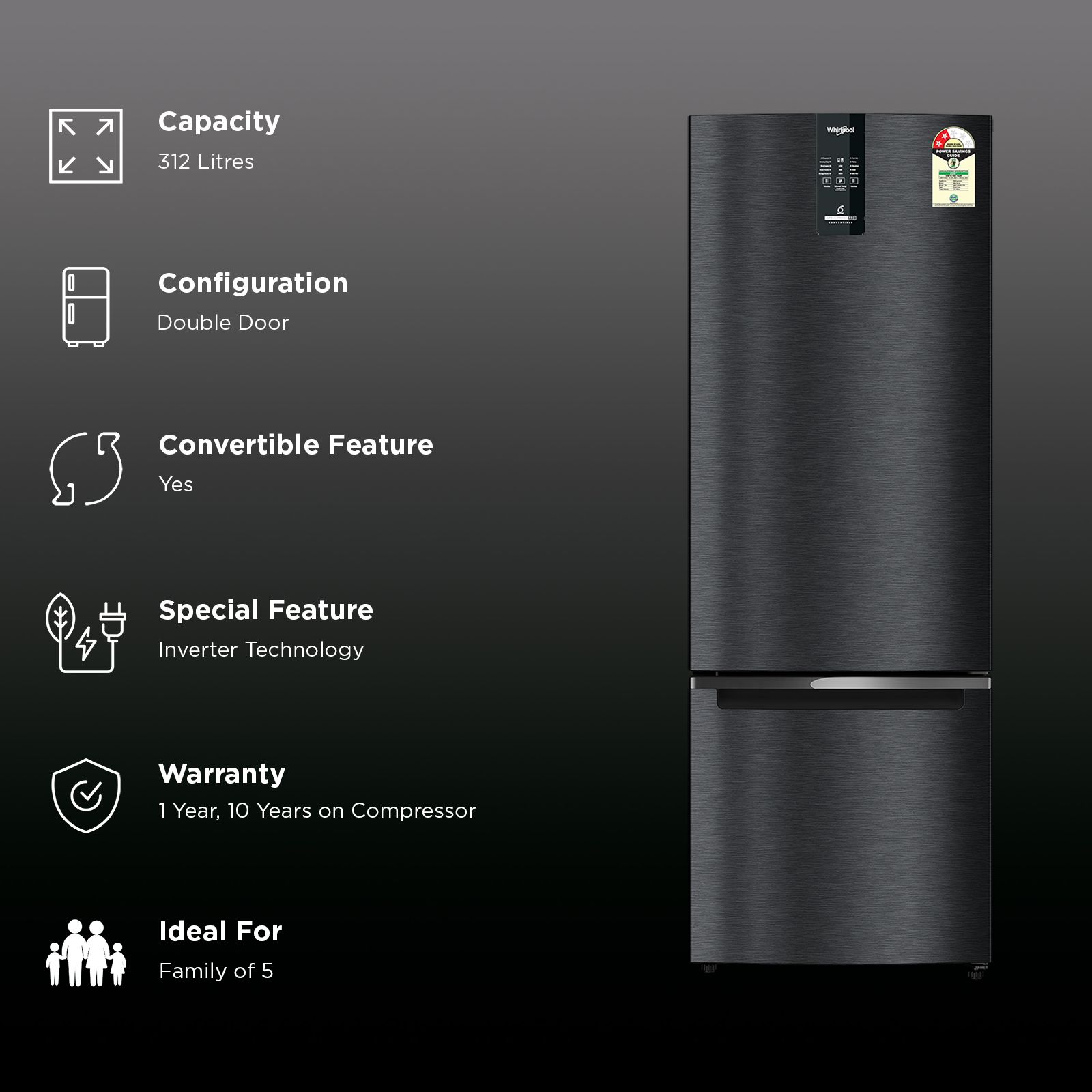 Whirlpool Intellifresh Pro 312 Litres 2 Star Frost Free Double Door Bottom Mount Convertible Refrigerator with 6th Sense Adaptive Intelligence Technology (22403, Black)_2