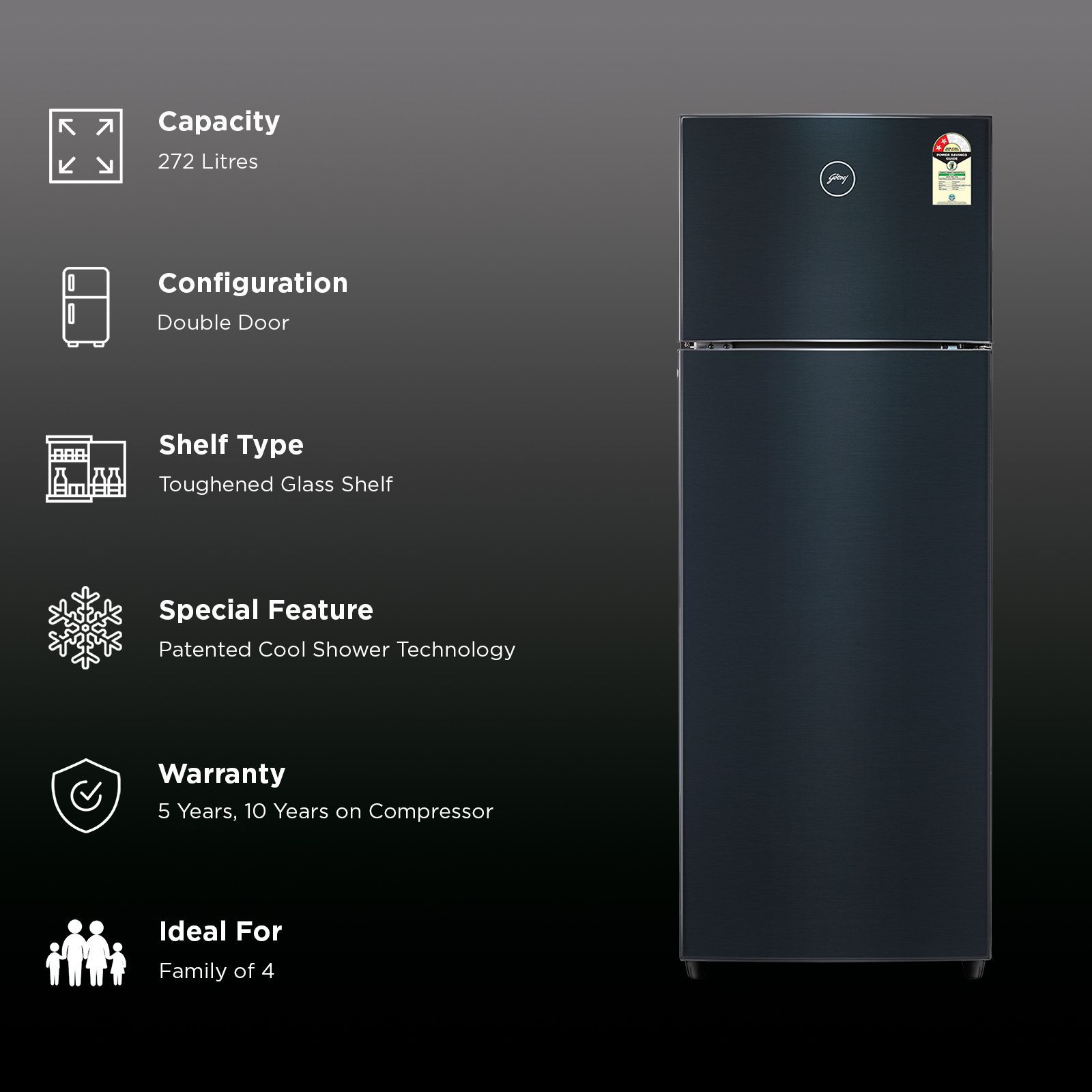 Godrej Valor 272 Litres 2 Star Frost Free Double Door Refrigerator with Anti Bacterial Technology (52141501SD03987, Matt Black) Godrej Valor 272 Litres 2 Star Frost Free Double Door Refrigerator with Anti Bacterial Technology (52141501SD03987, Matt Black)_2