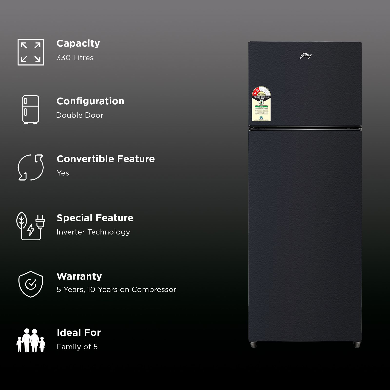 Godrej Vibe 330 Litres 2 Star Frost Free Double Door Convertible Refrigerator with Nano Shield Technology (52141501SD03928, Matt Black) Godrej Vibe 330 Litres 2 Star Frost Free Double Door Convertible Refrigerator with Nano Shield Technology (52141501SD03928, Matt Black)_2