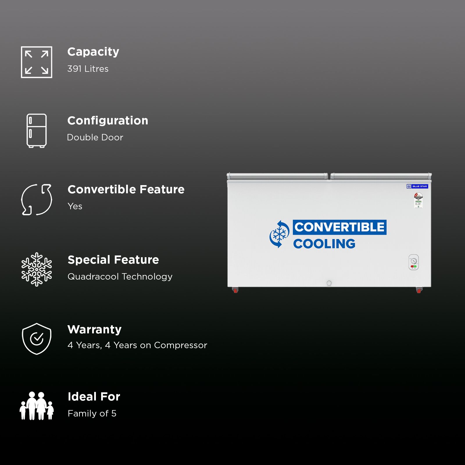 Blue Star N Series 391 Litres 2 Star Manual Defrost Double Door Convertible Deep Freezer with Quadracool Technology (HT2-M425, White) Blue Star N Series 391 Litres 2 Star Manual Defrost Double Door Convertible Deep Freezer with Quadracool Technology (HT2-M425, White)_2