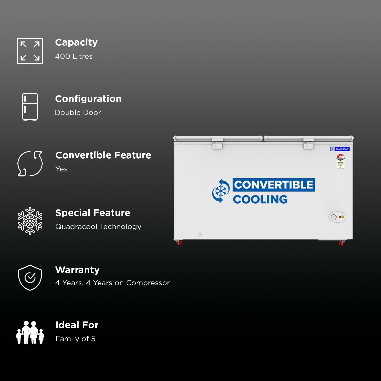 Blue Star N Series 400 Litres 4 Star Manual Defrost Double Door Convertible Deep Freezer with Quadracool Technology (HT4-N450, White) Blue Star N Series 400 Litres 4 Star Manual Defrost Double Door Convertible Deep Freezer with Quadracool Technology (HT4-N450, White)_2
