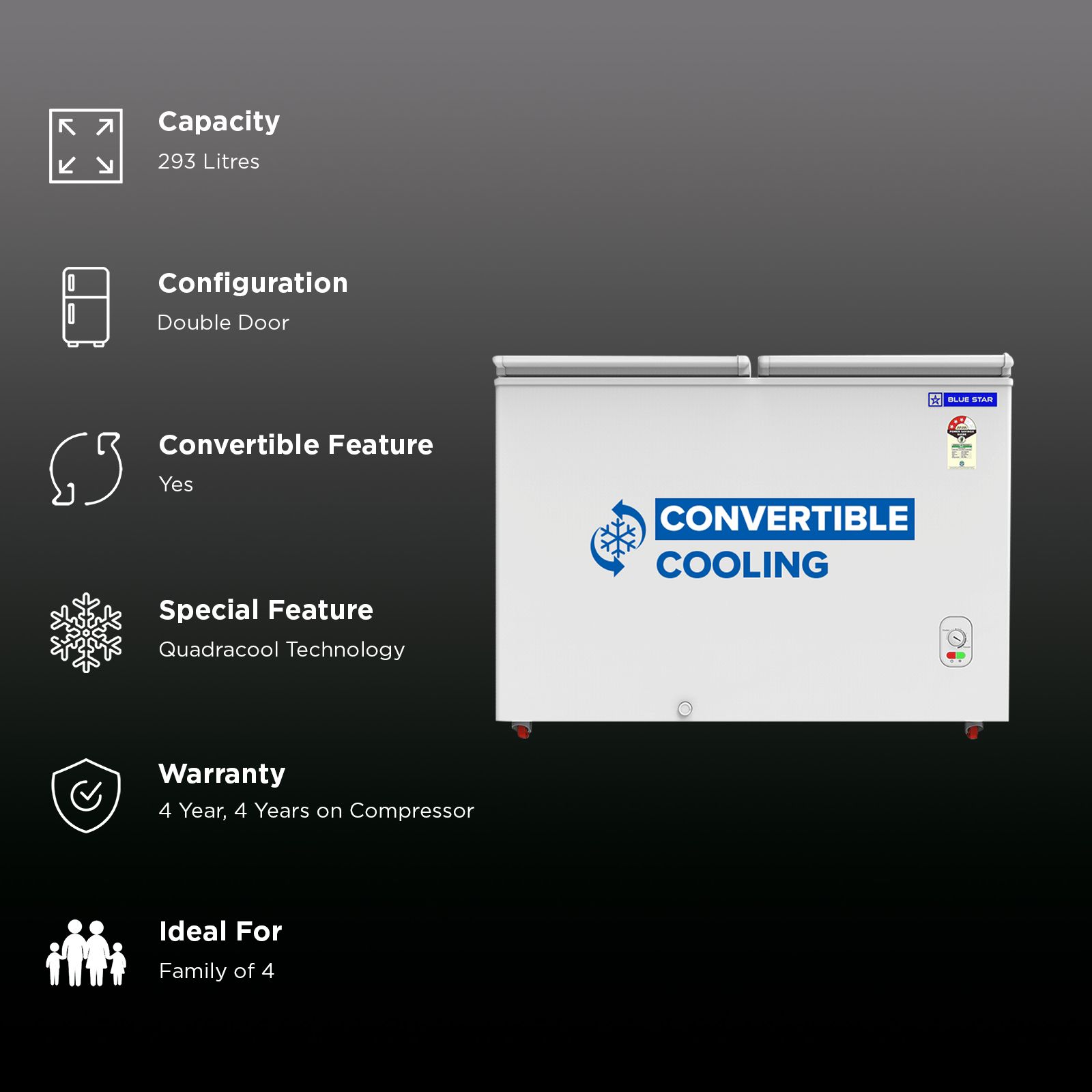 Blue Star N Series 293 Litres 3 Star Manual Defrost Double Door Convertible Deep Freezer with Quadracool Technology (HT3-M325, White) Blue Star N Series 293 Litres 3 Star Manual Defrost Double Door Convertible Deep Freezer with Quadracool Technology (HT3-M325, White)_2