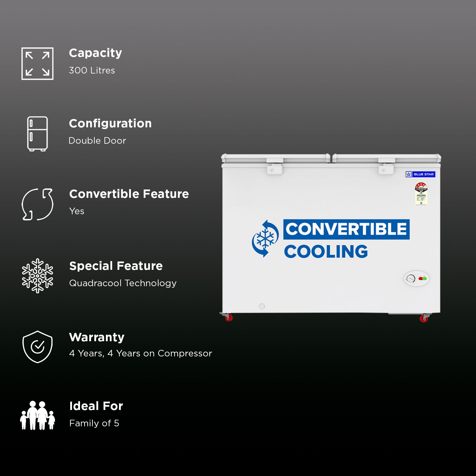 Blue Star N Series 300 Litres 4 Star Manual Defrost Double Door Convertible Deep Freezer with Quadracool Technology (HT4-N350, White) Blue Star N Series 300 Litres 4 Star Manual Defrost Double Door Convertible Deep Freezer with Quadracool Technology (HT4-N350, White)_2
