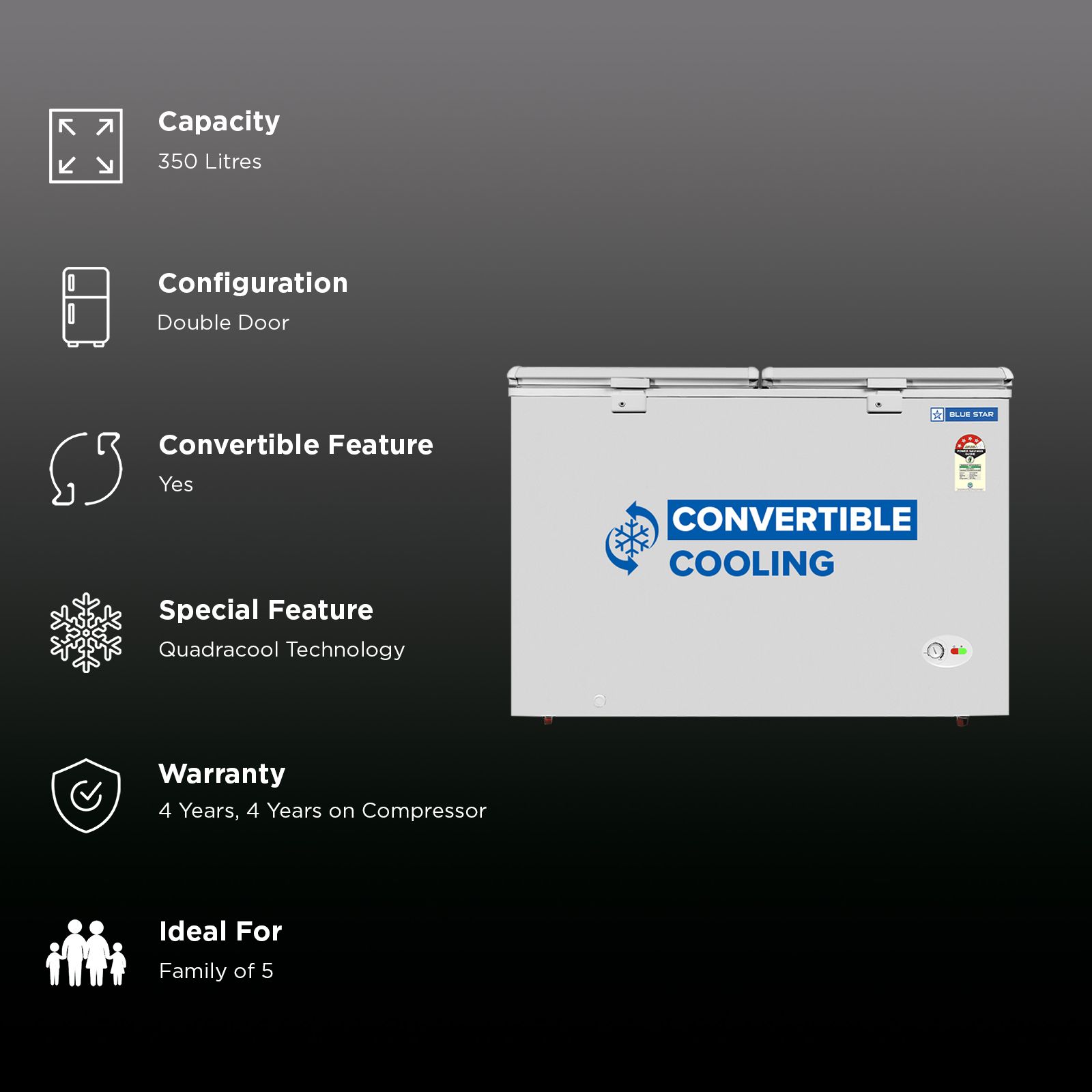 Blue Star N Series 350 Litres 4 Star Manual Defrost Double Door Convertible Deep Freezer with Quadracool Technology (HT4-N375, White) Blue Star N Series 350 Litres 4 Star Manual Defrost Double Door Convertible Deep Freezer with Quadracool Technology (HT4-N375, White)_2