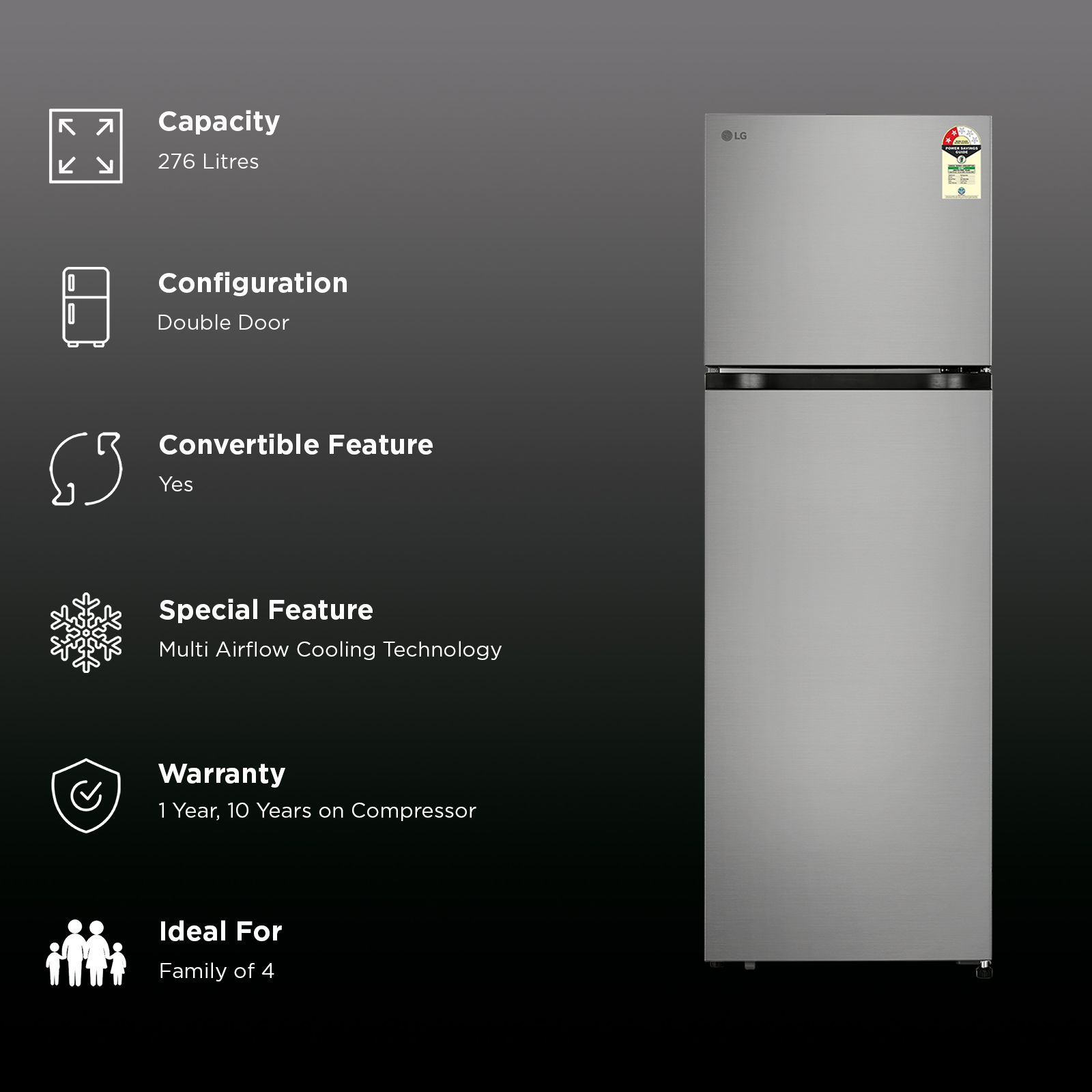 LG 276 Litres 2 Star Frost Free Double Door Convertible Refrigerator with Lower Door Basket (GLT2826XWPZ, Shiny Steel) (2026 Model)_2