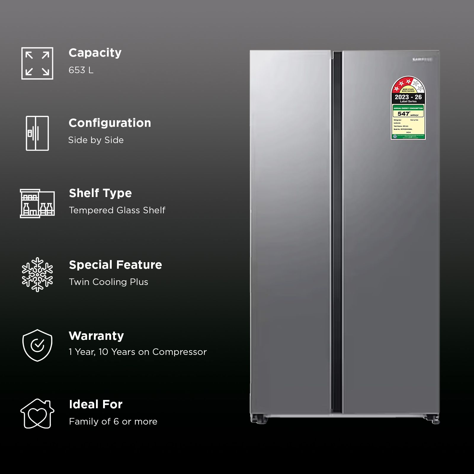 Samsung 653 Litres 3 Star Frost Free Side by Side Refrigerator with Twin Cooling Plus (RS76CG8103S9, Refined Inox) Samsung 653 Litres 3 Star Frost Free Side by Side Refrigerator with Twin Cooling Plus (RS76CG8103S9, Refined Inox)_2
