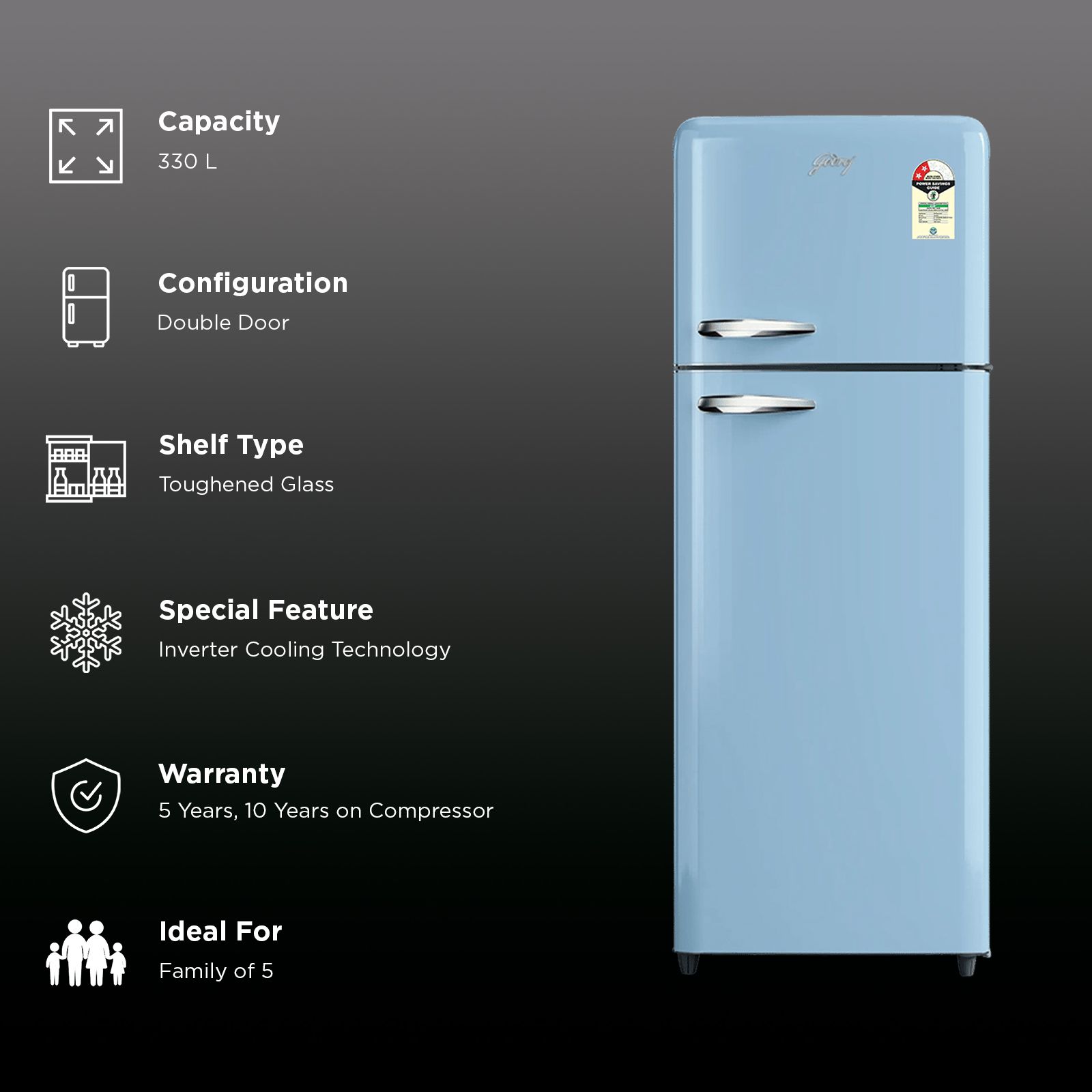 Godrej Eon Inspire 330 Litres 2 Star Frost Free Double Door Convertible Refrigerator with Nano Shield Technology (RT EON 366BNHCIT IC, Icy Blue) Godrej Eon Inspire 330 Litres 2 Star Frost Free Double Door Convertible Refrigerator with Nano Shield Technology (RT EON 366BNHCIT IC, Icy Blue)_2