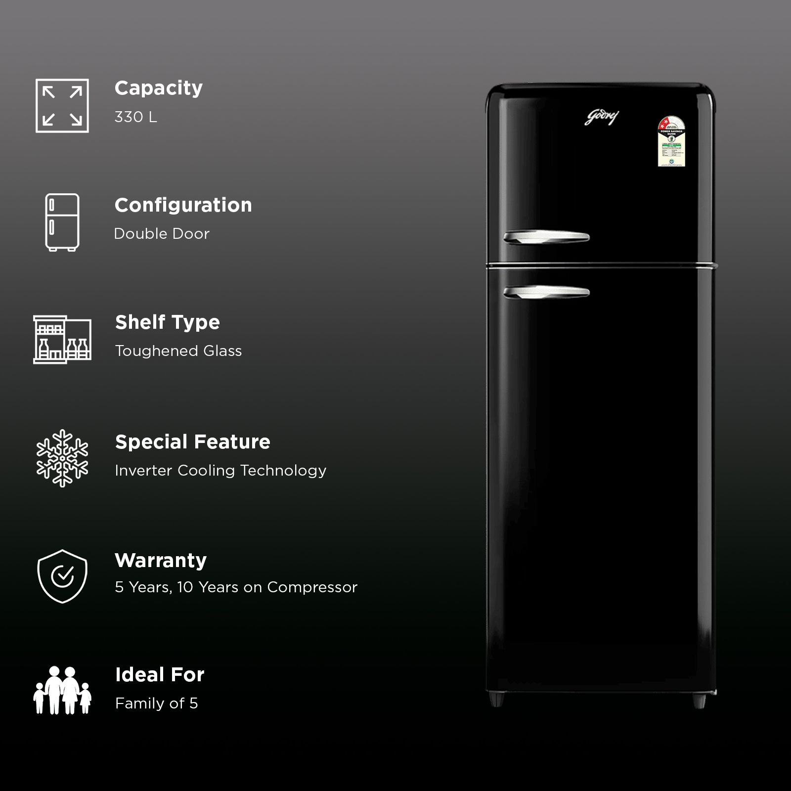 Godrej Eon Inspire 330 Litres 2 Star Frost Free Double Door Convertible Refrigerator with Nano Shield Technology (RT EON 366BNHCIT PA, Piano Black) Godrej Eon Inspire 330 Litres 2 Star Frost Free Double Door Convertible Refrigerator with Nano Shield Technology (RT EON 366BNHCIT PA, Piano Black)_2