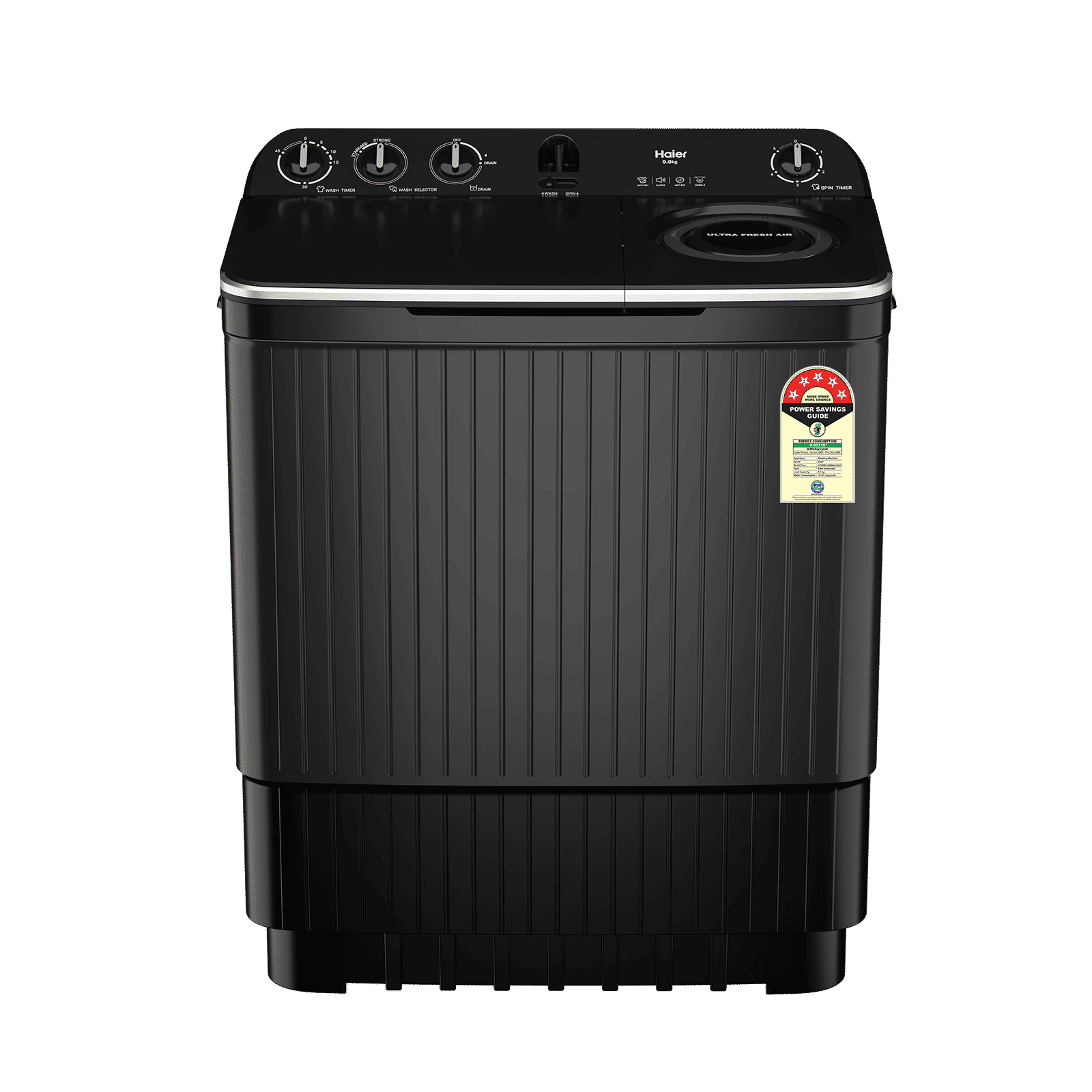 Haier 9 kg 5 Star Semi Automatic Washing Machine with Thunder Pulsator (HTW90-196BBK, Black) Haier 9 kg 5 Star Semi Automatic Washing Machine with Thunder Pulsator (HTW90-196BBK, Black)_1
