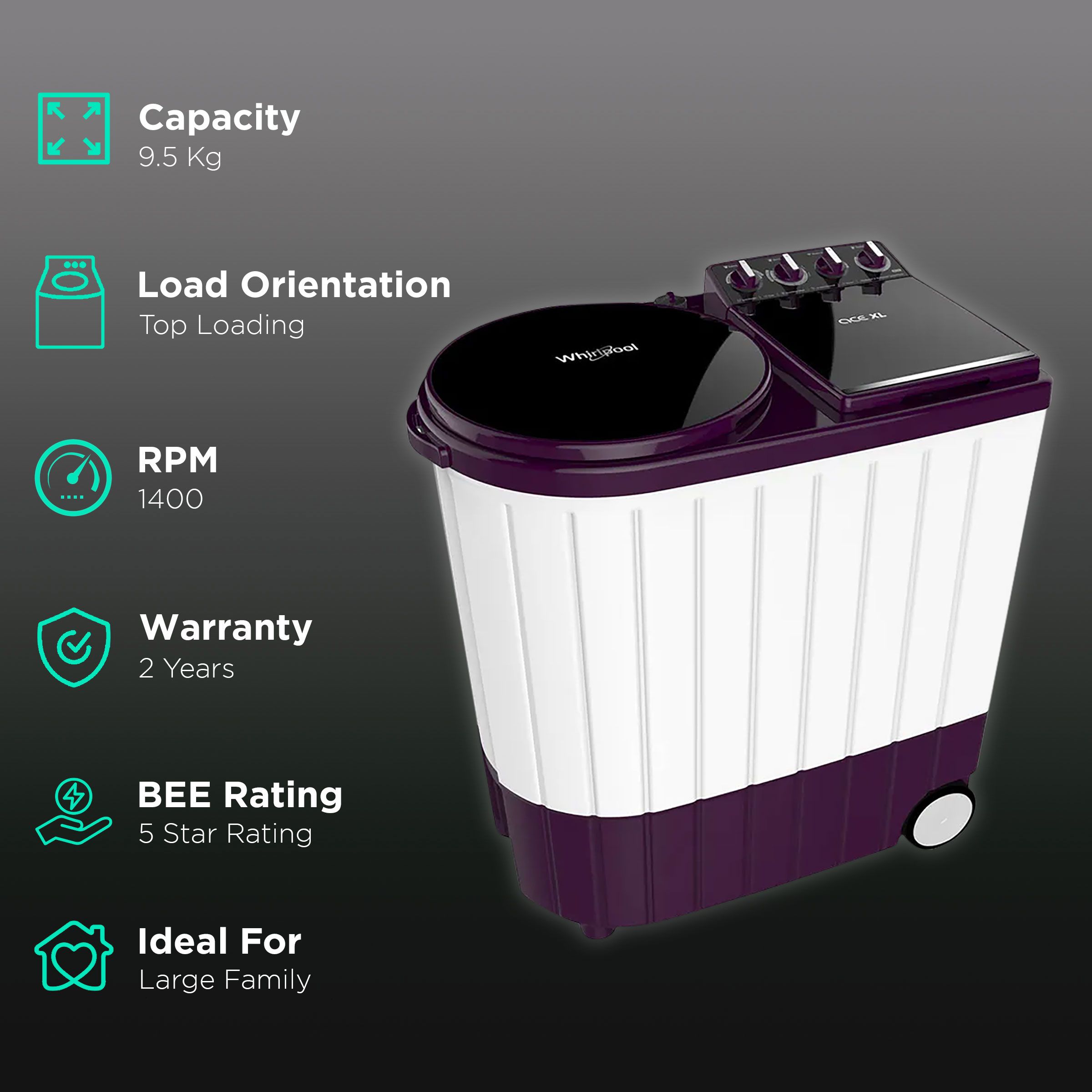 Whirlpool 9.5 kg 5 Star Semi Automatic Washing Machine with 3D Lint Filter (Ace XL, Royal Purple) Whirlpool 9.5 kg 5 Star Semi Automatic Washing Machine with 3D Lint Filter (Ace XL, Royal Purple)_2