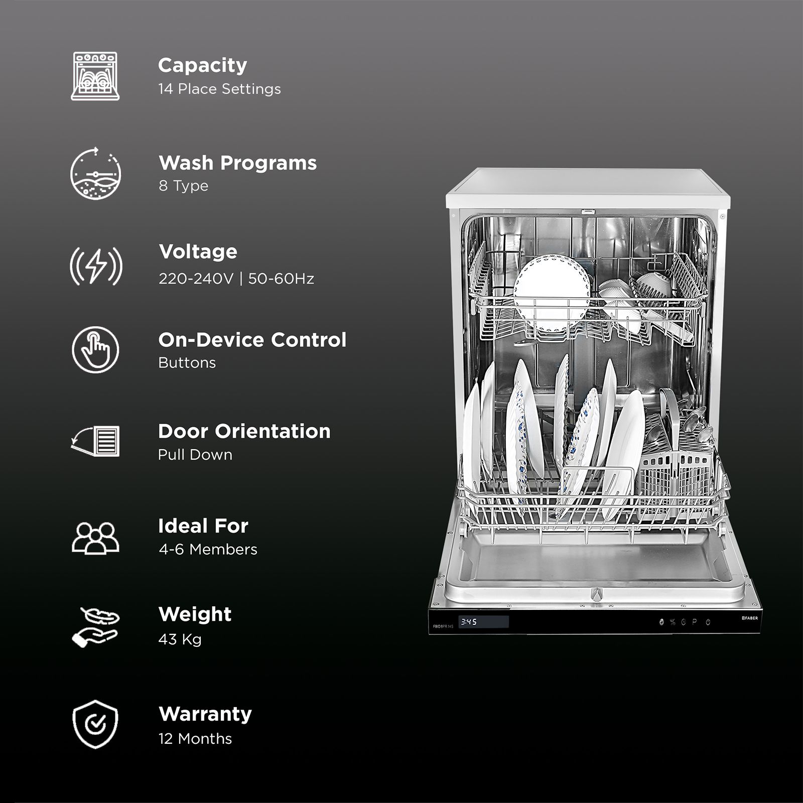 FABER FBID 8PR 14S 14 Place Settings Built-in Dishwasher with Salt & Rinse Aid Indicators (Stainless Steel) FABER FBID 8PR 14S 14 Place Settings Built-in Dishwasher with Salt & Rinse Aid Indicators (Stainless Steel)_2