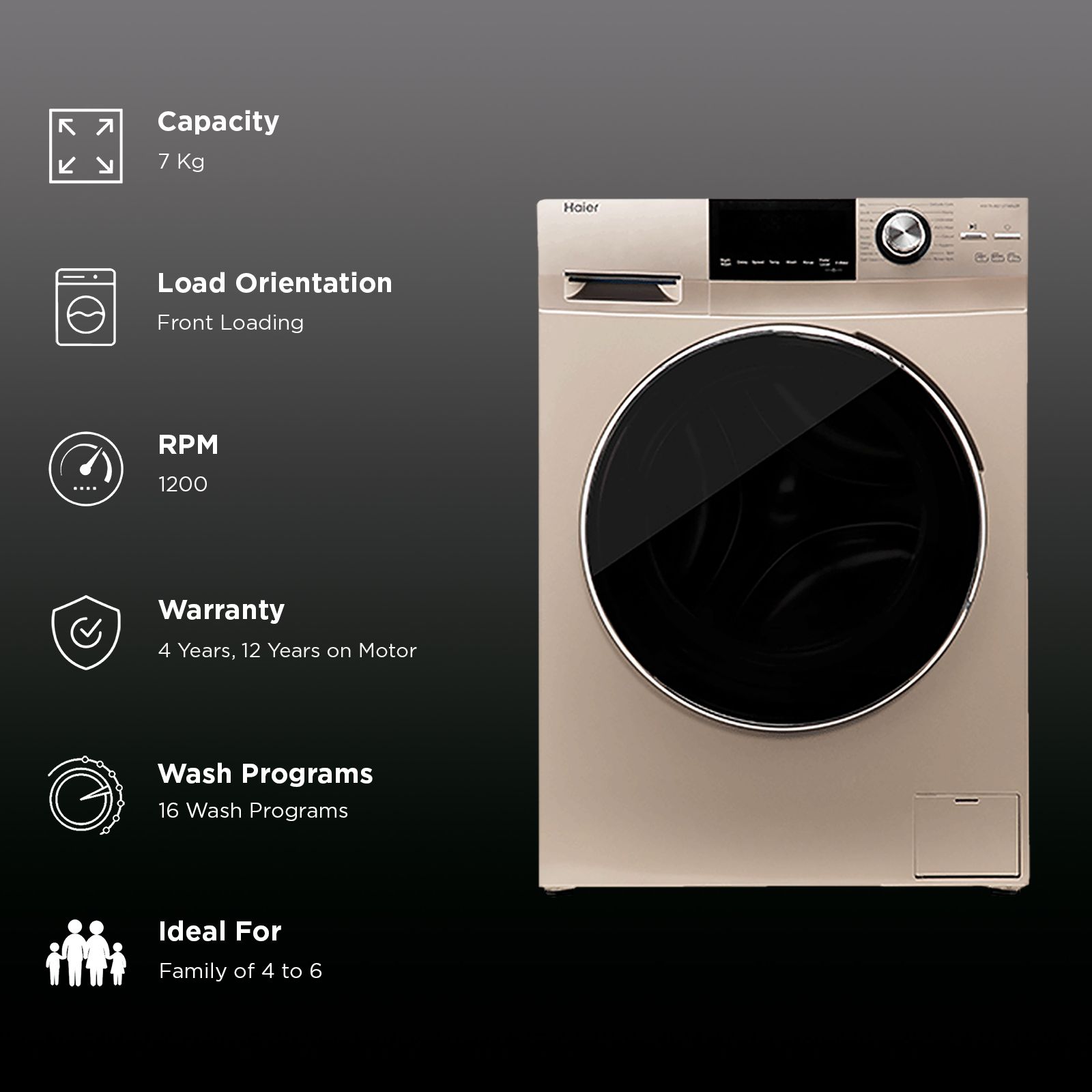 Haier 7 kg Fully Automatic Front Load Washing Machine (HW70-BD12636GNZP, Steam Wash Technology, Champagne Gold) Haier 7 kg Fully Automatic Front Load Washing Machine (HW70-BD12636GNZP, Steam Wash Technology, Champagne Gold)_2