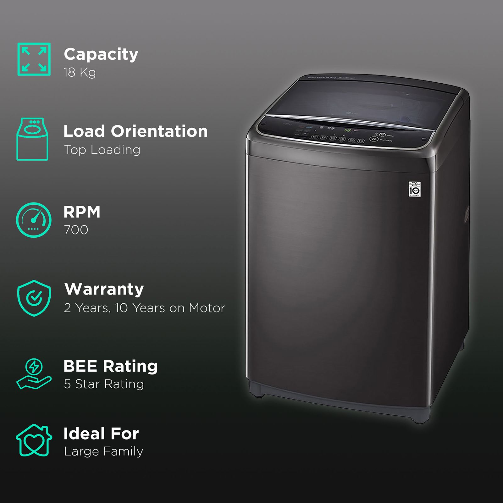 LG 18 kg 5 Star Inverter Fully Automatic Top Load Washing Machine (THD18STB.ABLPEIL, Steam Wash Technology, Black) LG 18 kg 5 Star Inverter Fully Automatic Top Load Washing Machine (THD18STB.ABLPEIL, Steam Wash Technology, Black)_2