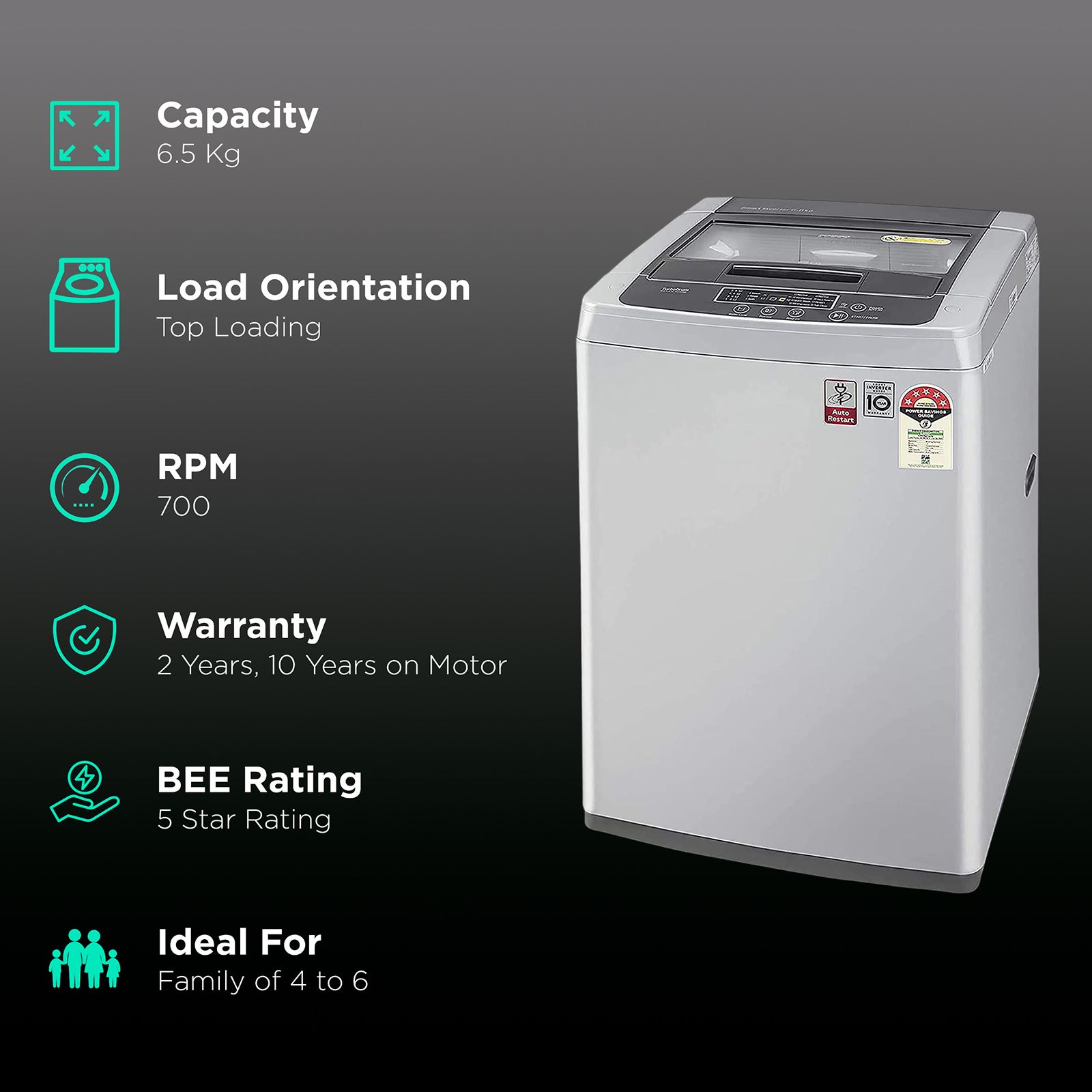 LG 6 kg 5 Star Inverter Fully Automatic Top Load Washing Machine (T65SKSF4Z.ASFQEIL, Turbo Drum, Middle Free Silver) LG 6 kg 5 Star Inverter Fully Automatic Top Load Washing Machine (T65SKSF4Z.ASFQEIL, Turbo Drum, Middle Free Silver)_2