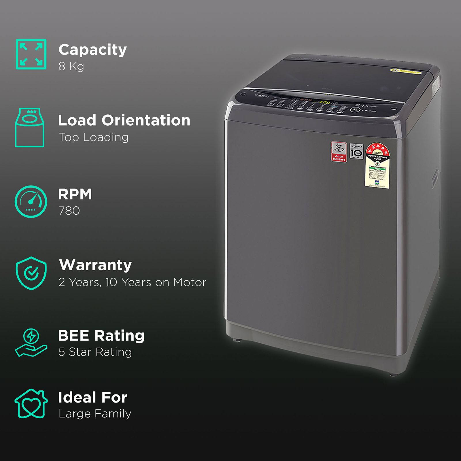 LG 8 kg 5 Star Inverter Fully Automatic Top Load Washing Machine (T80SJMB1Z.ABMQEIL, Smart Inverter Technology, Middle Black) LG 8 kg 5 Star Inverter Fully Automatic Top Load Washing Machine (T80SJMB1Z.ABMQEIL, Smart Inverter Technology, Middle Black)_2