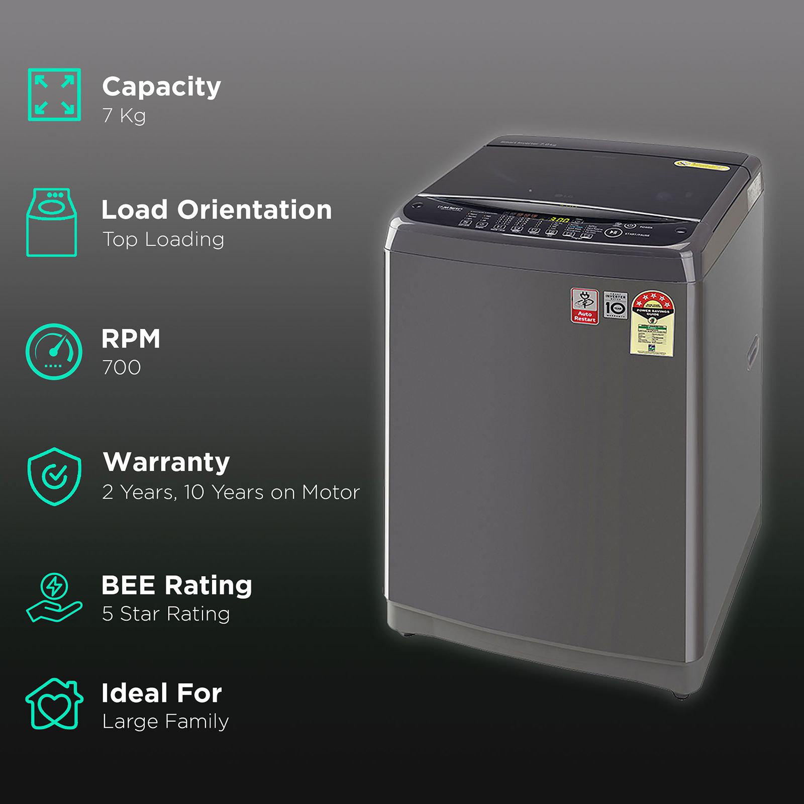 LG 7 kg 5 Star Inverter Fully Automatic Top Load Washing Machine (T70SJMB1Z.ABMQEIL, Smart Inverter Technology, Middle Black)_2