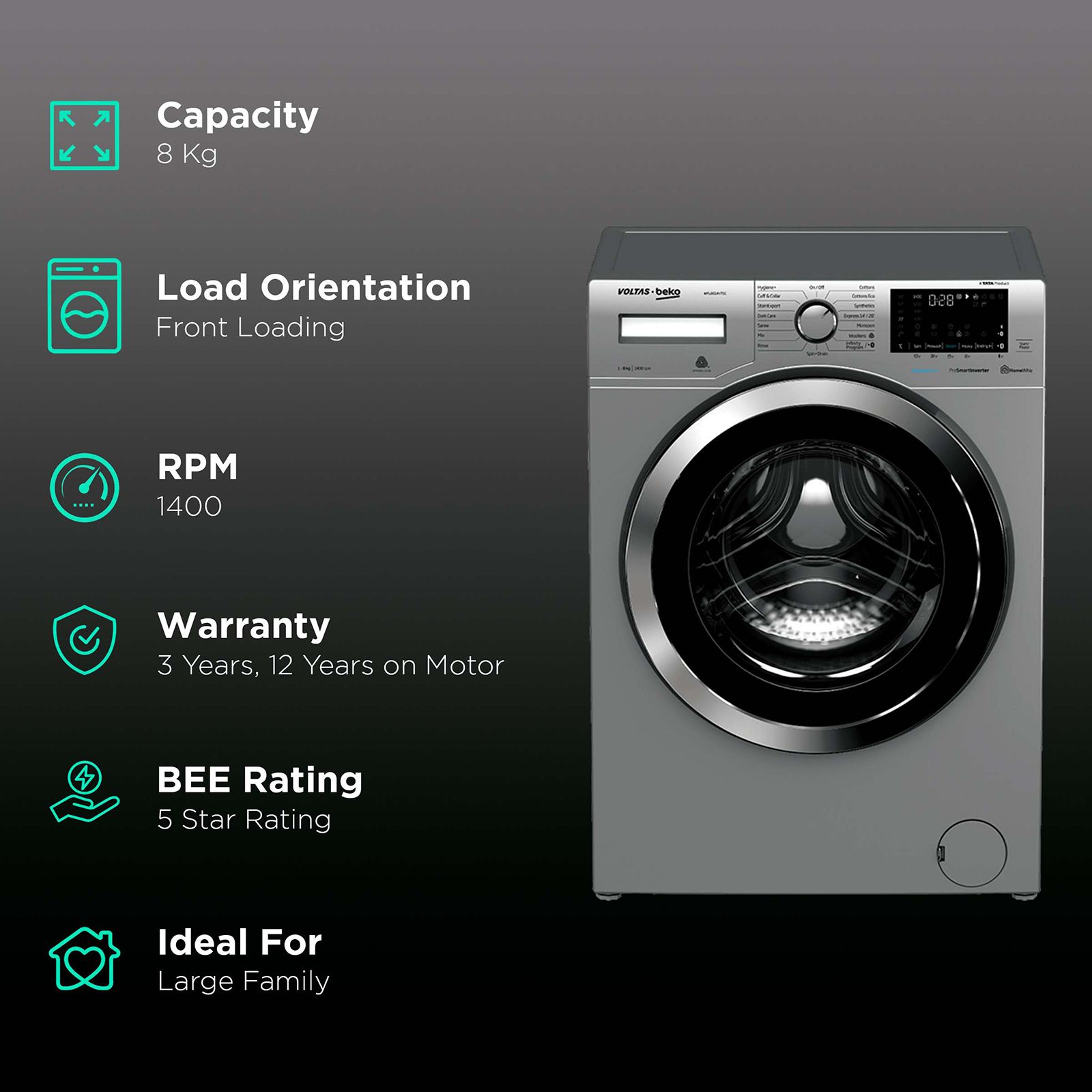VOLTAS beko 8 kg 5 Star Inverter Fully Automatic Front Load Washing Machine (WFL8014VTSC, Steam Wash Technology, Grey)_2