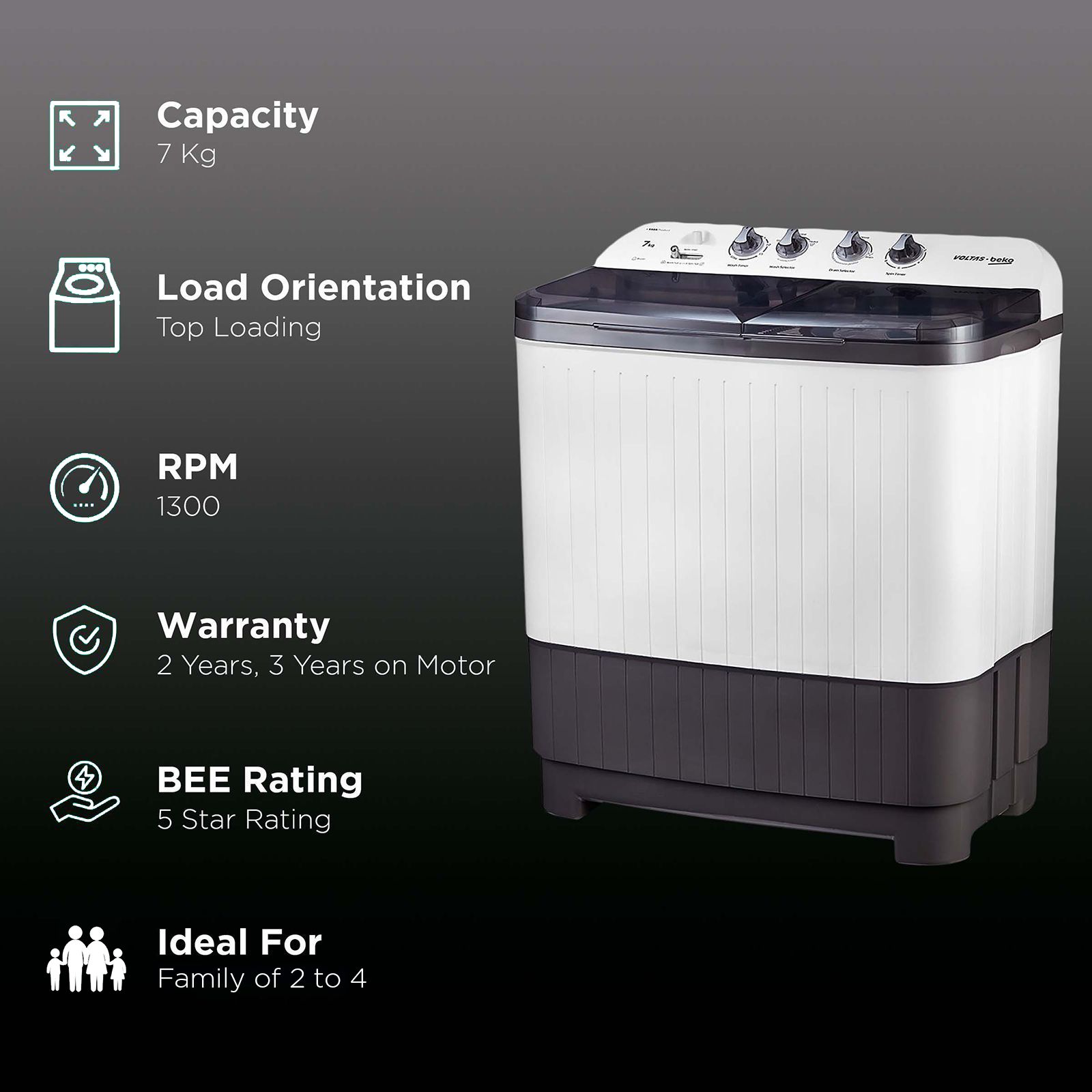 VOLTAS beko 7 kg 5 Star Semi Automatic Washing Machine with IPX4 Control Panel (WTT70DGRT, Grey) VOLTAS beko 7 kg 5 Star Semi Automatic Washing Machine with IPX4 Control Panel (WTT70DGRT, Grey)_2