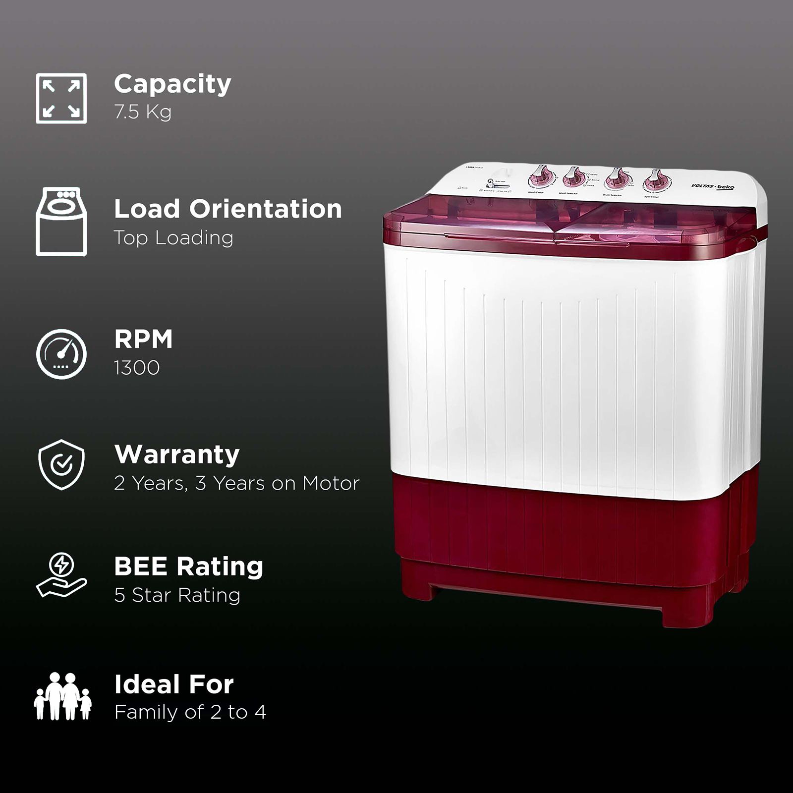 VOLTAS beko 7.5 kg 5 Star Semi Automatic Washing Machine with IPX4 Control Panel (WTT75DBRT, Burgundy) VOLTAS beko 7.5 kg 5 Star Semi Automatic Washing Machine with IPX4 Control Panel (WTT75DBRT, Burgundy)_2