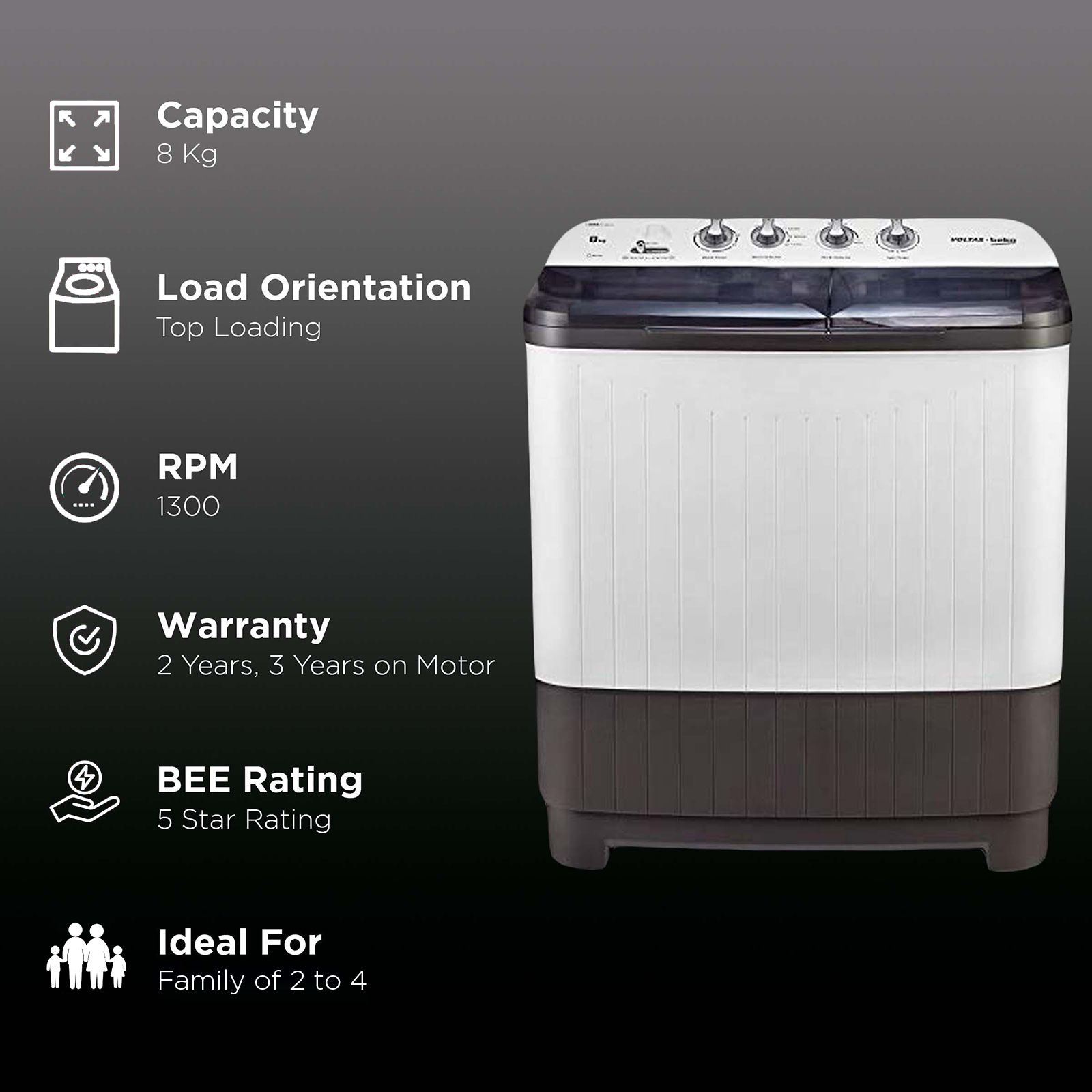 VOLTAS beko 8 kg 5 Star Semi Automatic Washing Machine with IPX4 Control Panel (WTT80DGRT, Grey) VOLTAS beko 8 kg 5 Star Semi Automatic Washing Machine with IPX4 Control Panel (WTT80DGRT, Grey)_2