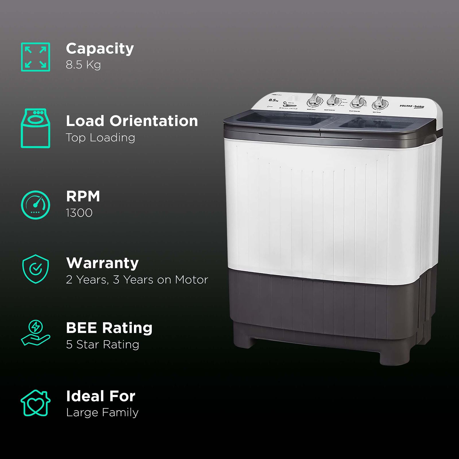 VOLTAS beko 8.5 kg 5 Star Semi Automatic Washing Machine with IPX4 Control Panel (WTT85DGRG, Grey) VOLTAS beko 8.5 kg 5 Star Semi Automatic Washing Machine with IPX4 Control Panel (WTT85DGRG, Grey)_2