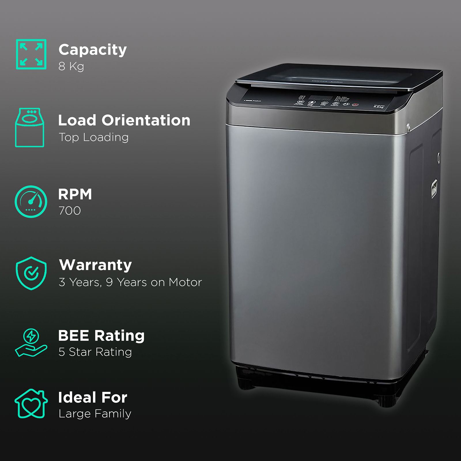 VOLTAS beko 8 kg 5 Star Fully Automatic Top Load Washing Machine (WTL80UPGB, IPX4 Control Panel, Grey) VOLTAS beko 8 kg 5 Star Fully Automatic Top Load Washing Machine (WTL80UPGB, IPX4 Control Panel, Grey)_2