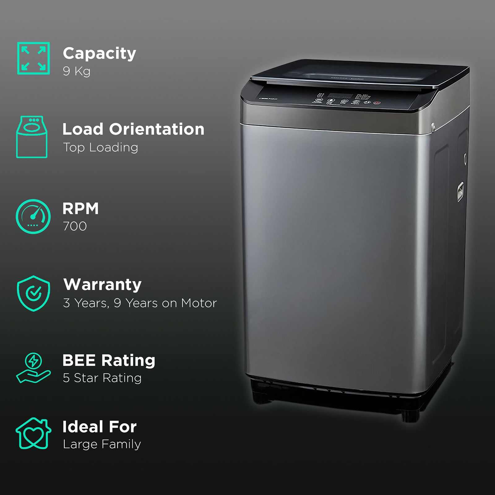VOLTAS beko 9 kg 5 Star Fully Automatic Top Load Washing Machine (WTL90UPGB, Lint Filter, Grey)_2