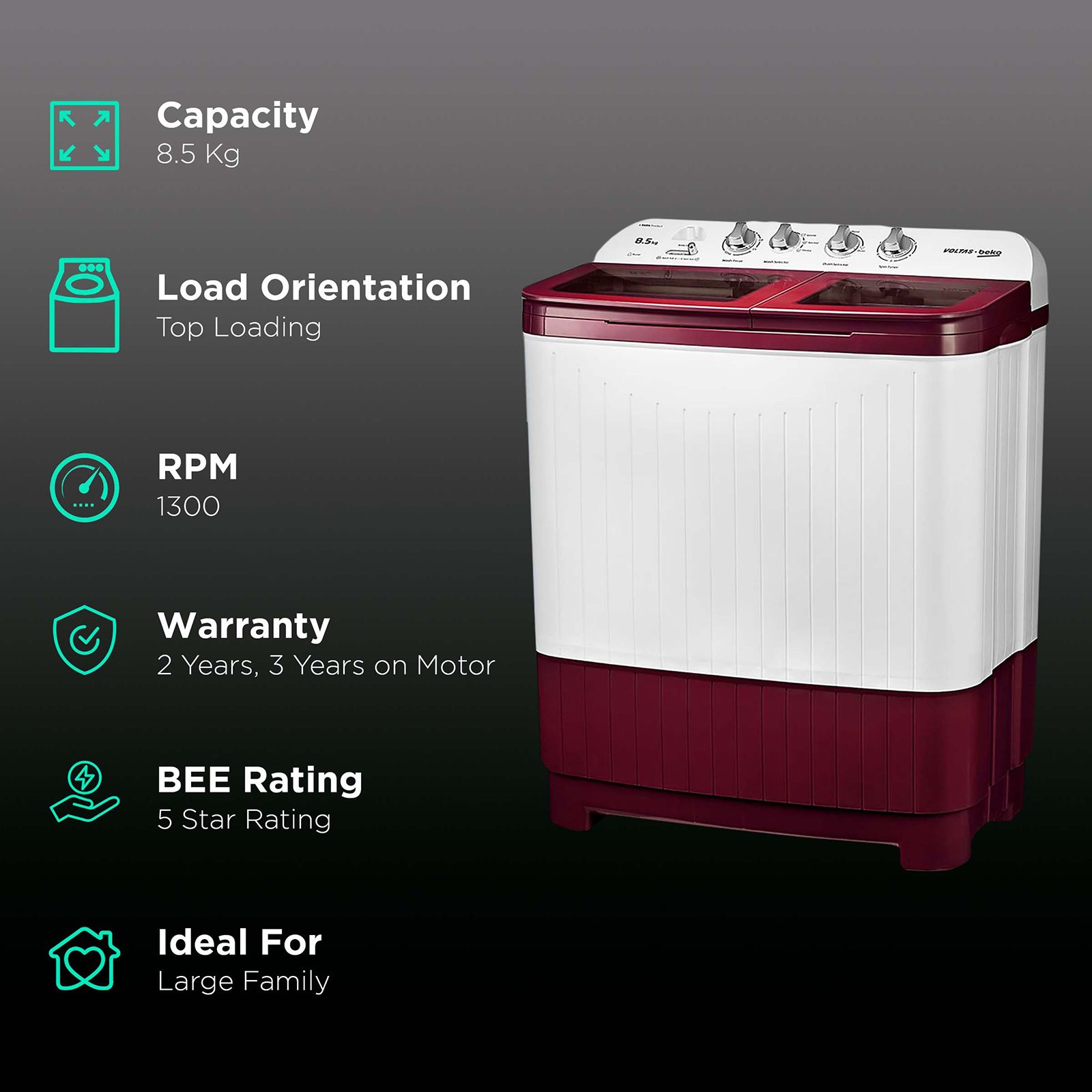 VOLTAS beko 8.5 kg 5 Star Semi Automatic Washing Machine with IPX4 Control Panel (WTT85DBRG, Burgundy) VOLTAS beko 8.5 kg 5 Star Semi Automatic Washing Machine with IPX4 Control Panel (WTT85DBRG, Burgundy)_2