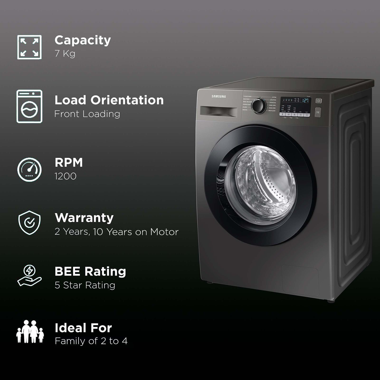 SAMSUNG 7 kg 5 Star Inverter Fully Automatic Front Load Washing Machine (WW70T4020CX/TL, Diamond Drum, Inox) SAMSUNG 7 kg 5 Star Inverter Fully Automatic Front Load Washing Machine (WW70T4020CX/TL, Diamond Drum, Inox)_2
