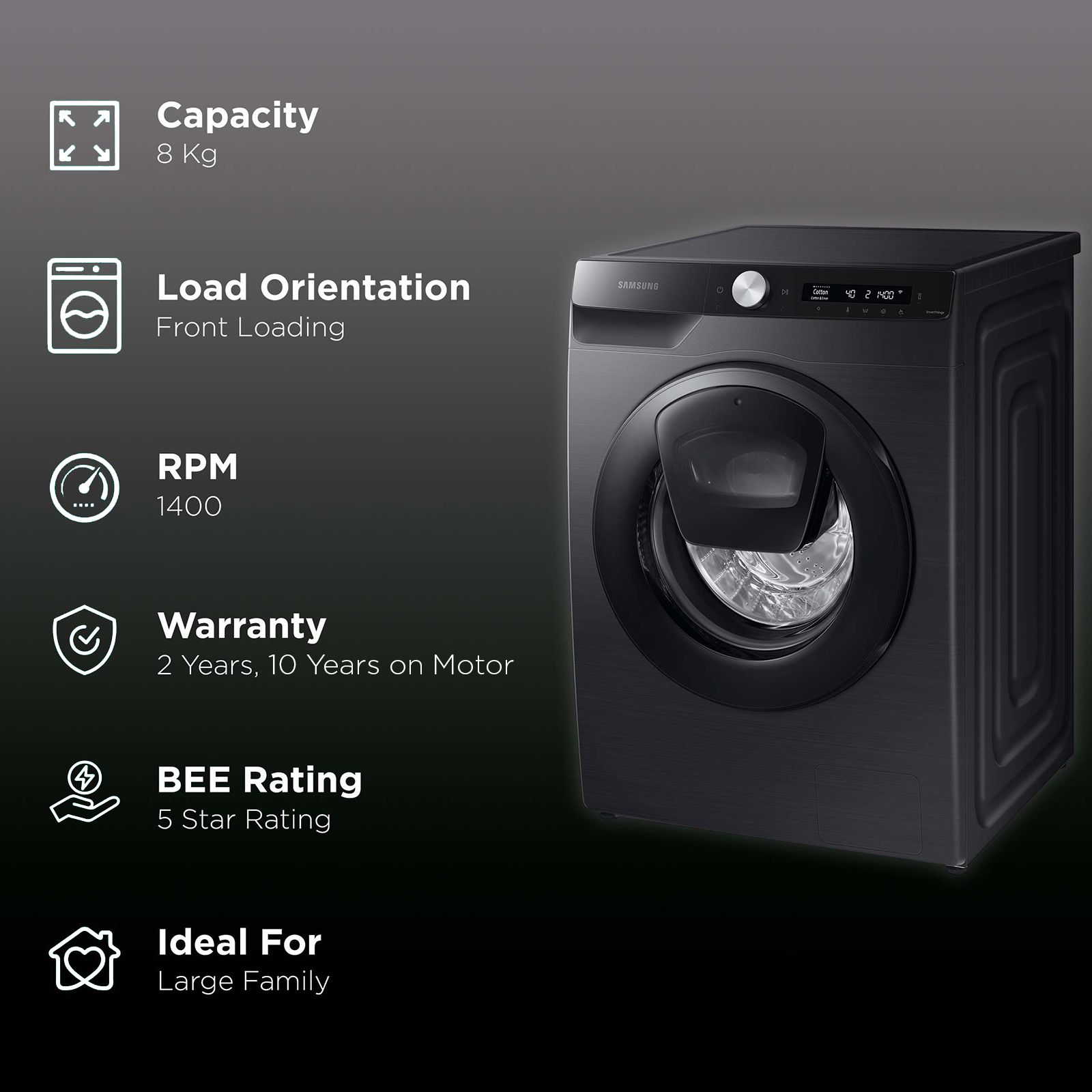 SAMSUNG 8 kg 5 Star Inverter Fully Automatic Front Load Washing Machine (WW80T554DAB/TL, AI Control Display, Black Caviar)_2