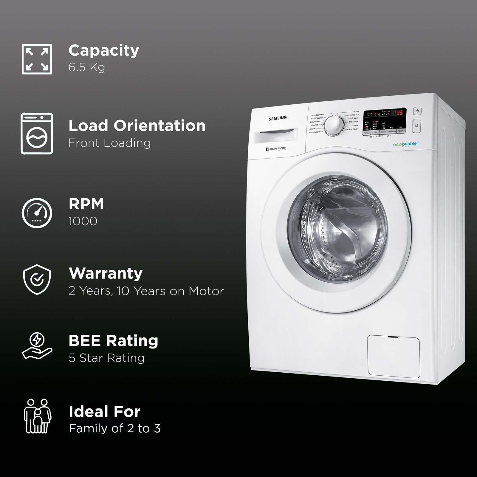 SAMSUNG 6.5 kg 5 Star Inverter Fully Automatic Front Load Washing Machine (WW65R20EKMW/TL, Diamond Drum, DA White)_2