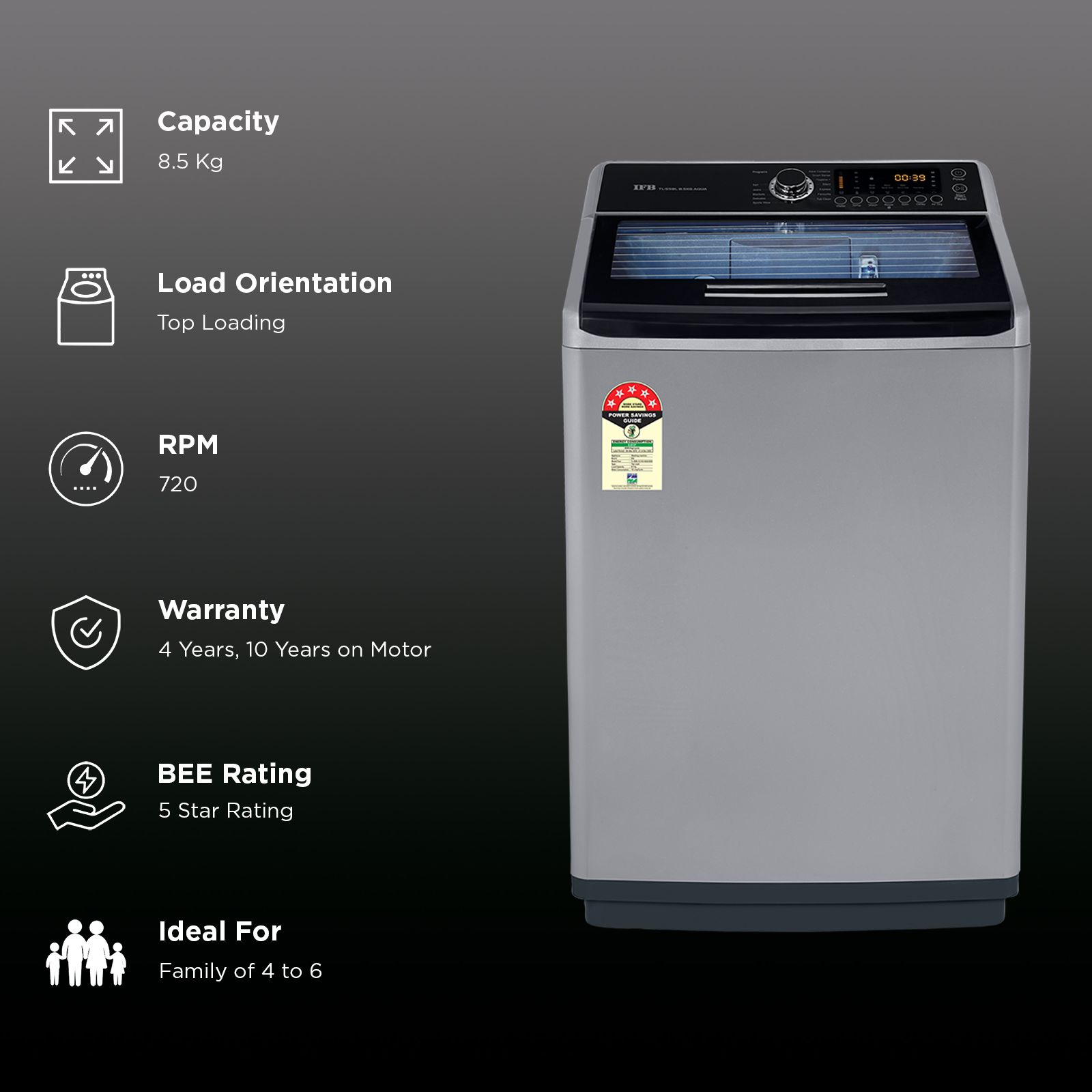 IFB 8.5 kg 5 Star Fully Automatic Top Load Washing Machine (Aqua, TL-SSBL, Built-in Heater, PCM Sparkle Silver) IFB 8.5 kg 5 Star Fully Automatic Top Load Washing Machine (Aqua, TL-SSBL, Built-in Heater, PCM Sparkle Silver)_3