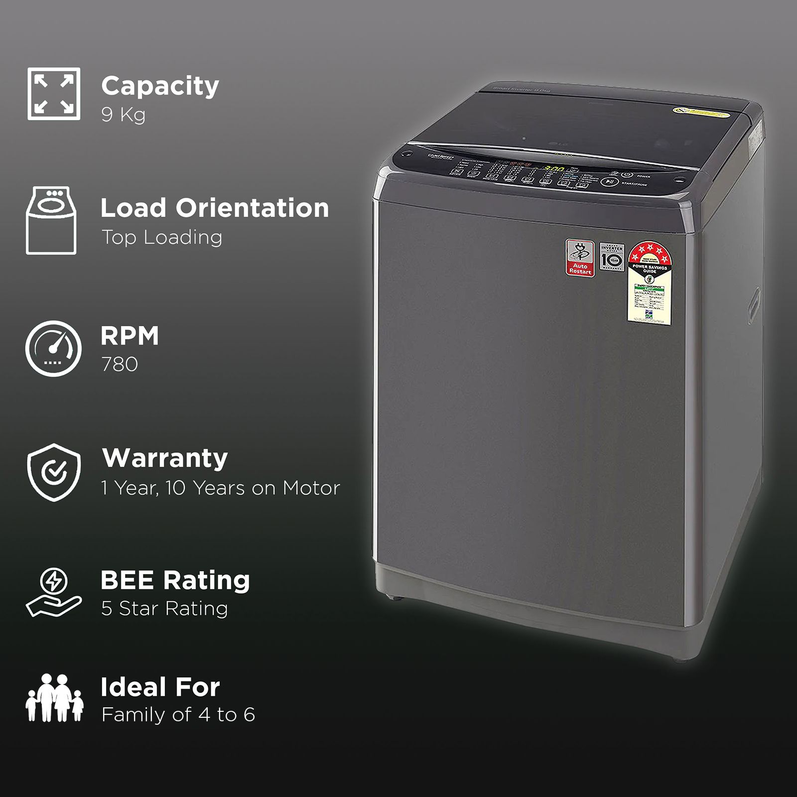 LG 9 kg 5 Star Inverter Fully Automatic Top Load Washing Machine (T90SJMB1Z.ABMQEIL, Smart Inverter Technology, Middle Black) LG 9 kg 5 Star Inverter Fully Automatic Top Load Washing Machine (T90SJMB1Z.ABMQEIL, Smart Inverter Technology, Middle Black)_3