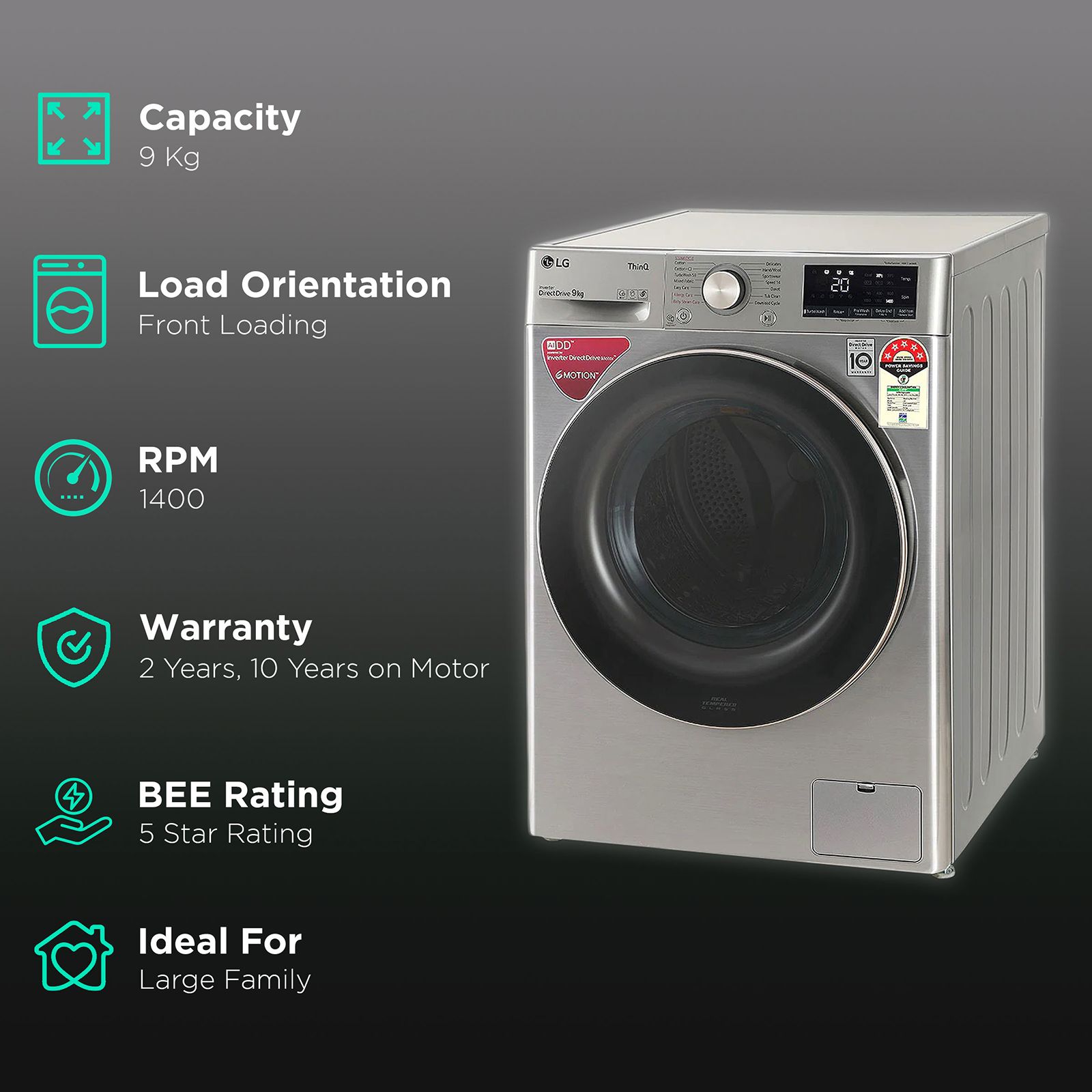 LG 9 kg 5 Star Inverter Fully Automatic Front Load Washing Machine (FHV1409ZWP.APSQEIL, Wi-Fi Support, Platinum Silver)_2