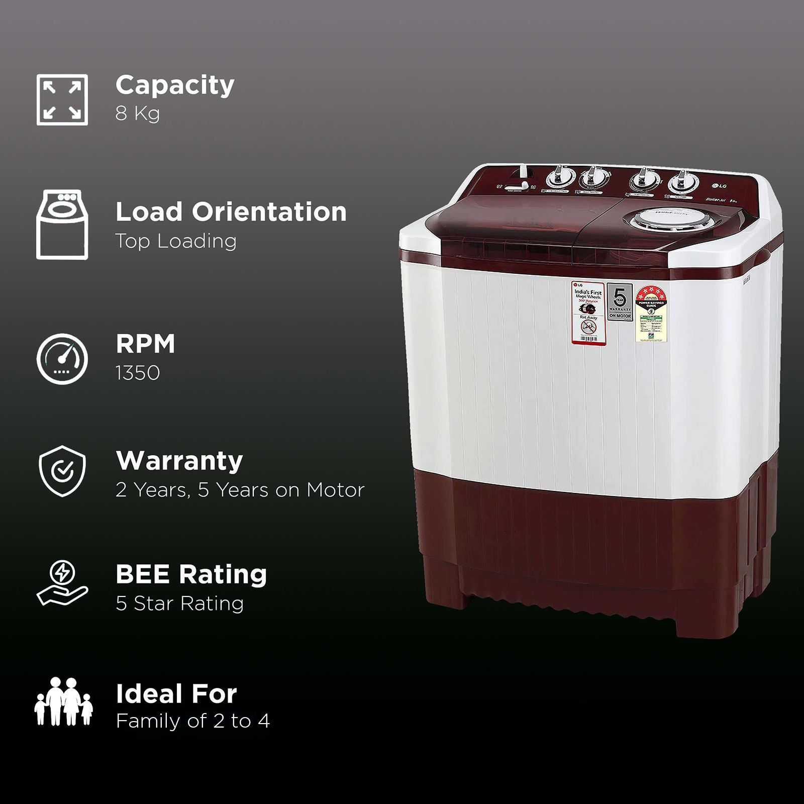 LG 8 kg 5 Star Semi Automatic Washing Machine with Lint Filter (P8035SRAZ.ABGQEIL, Burgundy) LG 8 kg 5 Star Semi Automatic Washing Machine with Lint Filter (P8035SRAZ.ABGQEIL, Burgundy)_2