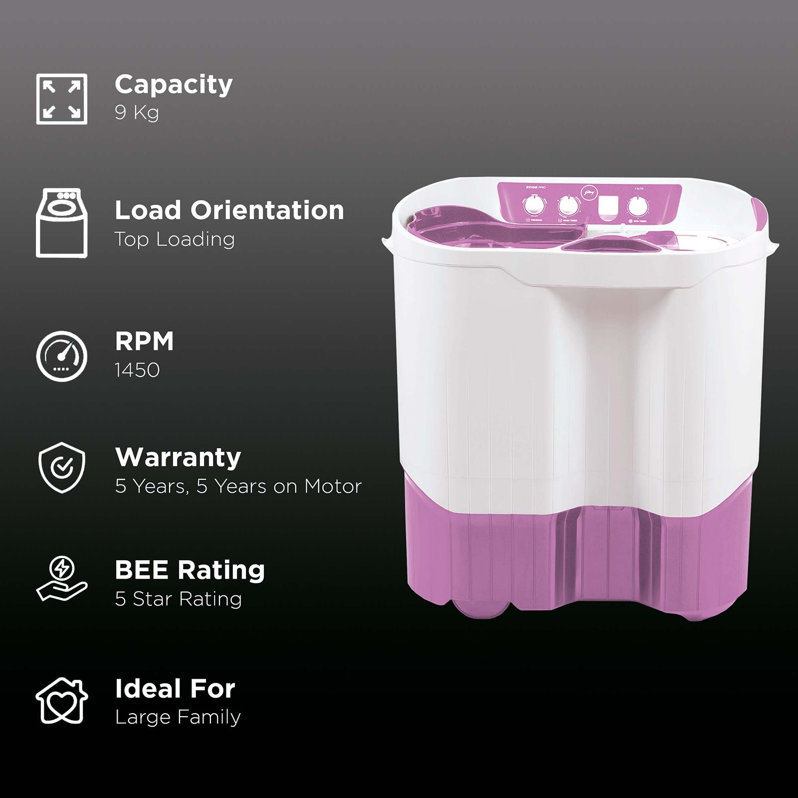 Godrej 9 kg 5 Star Semi Automatic Washing Machine with Spin Shower (Edge Pro, WS EDGEPRO 900 ES, Lavender) Godrej 9 kg 5 Star Semi Automatic Washing Machine with Spin Shower (Edge Pro, WS EDGEPRO 900 ES, Lavender)_2