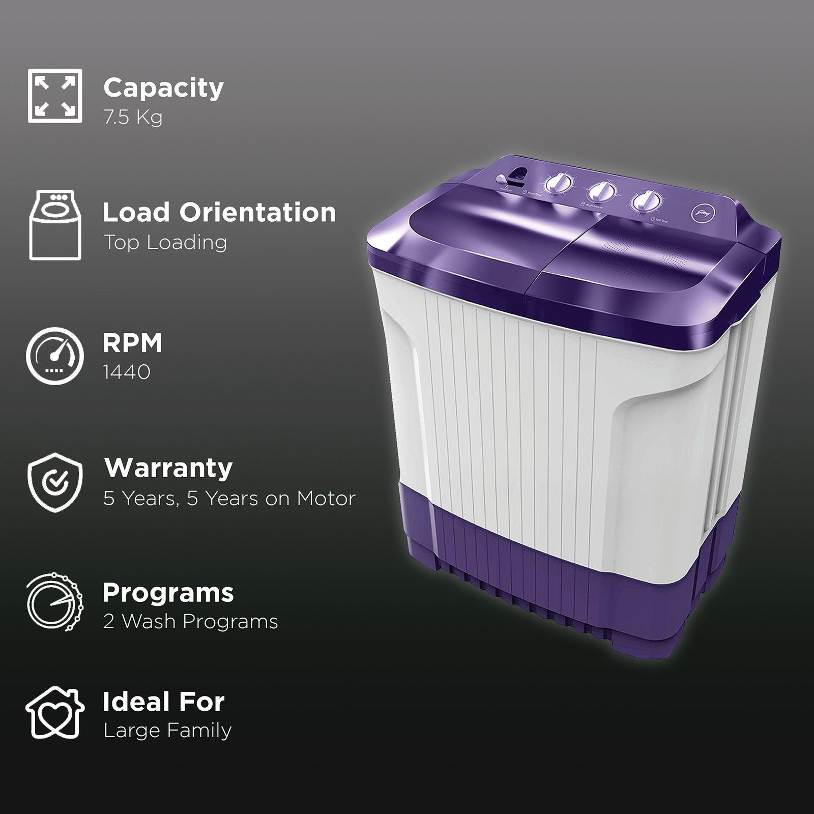 Godrej 7.5 kg Semi Automatic Washing Machine with Spin Shower (Edge Classic, WS EDGE CLS 7.5 ROPL PN2 M, Royal Purple) Godrej 7.5 kg Semi Automatic Washing Machine with Spin Shower (Edge Classic, WS EDGE CLS 7.5 ROPL PN2 M, Royal Purple)_2