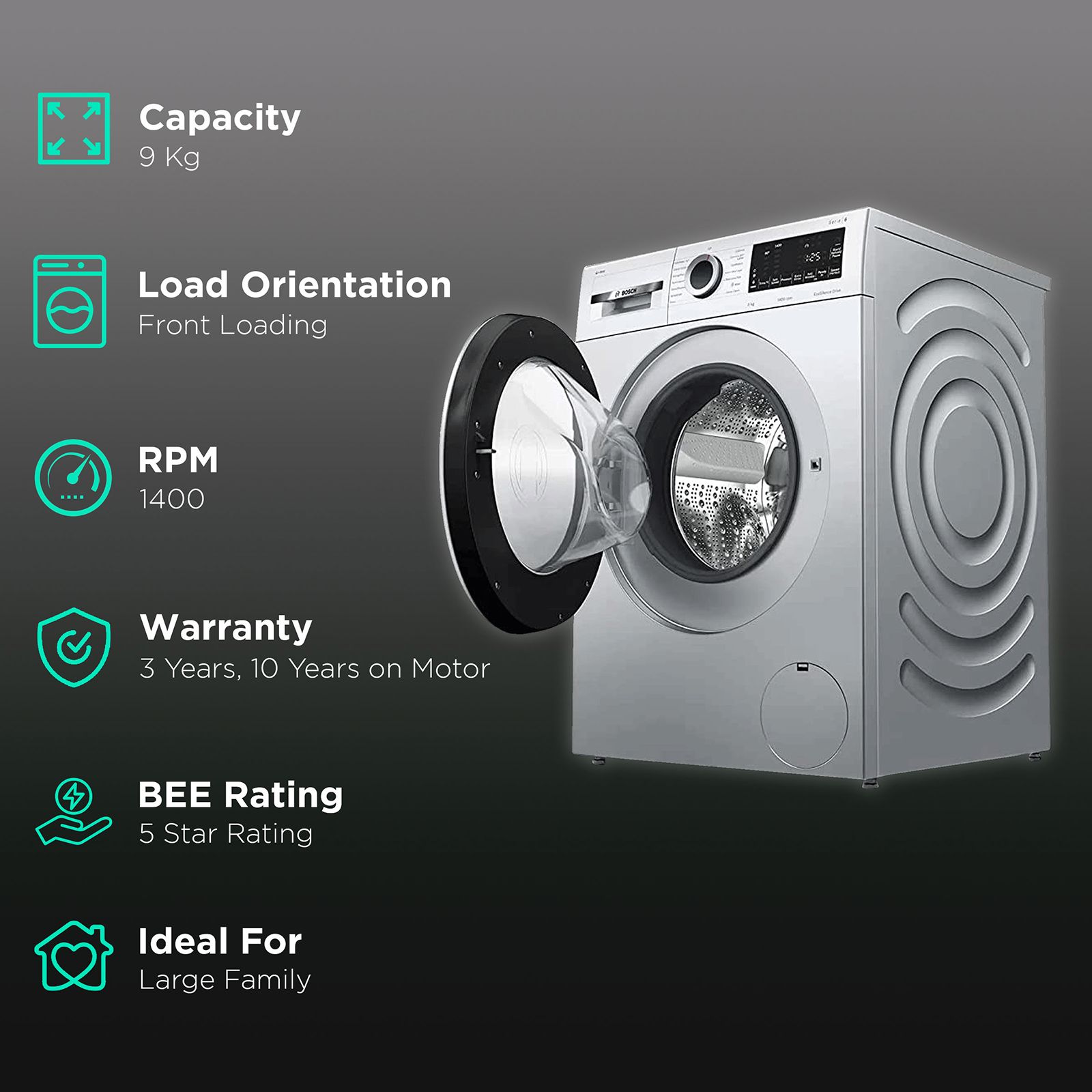 BOSCH 9 kg 5 Star Fully Automatic Front Load Washing Machine (Series 6, WGA244ASIN, EcoSilence Drive, Platinum Silver) BOSCH 9 kg 5 Star Fully Automatic Front Load Washing Machine (Series 6, WGA244ASIN, EcoSilence Drive, Platinum Silver)_2
