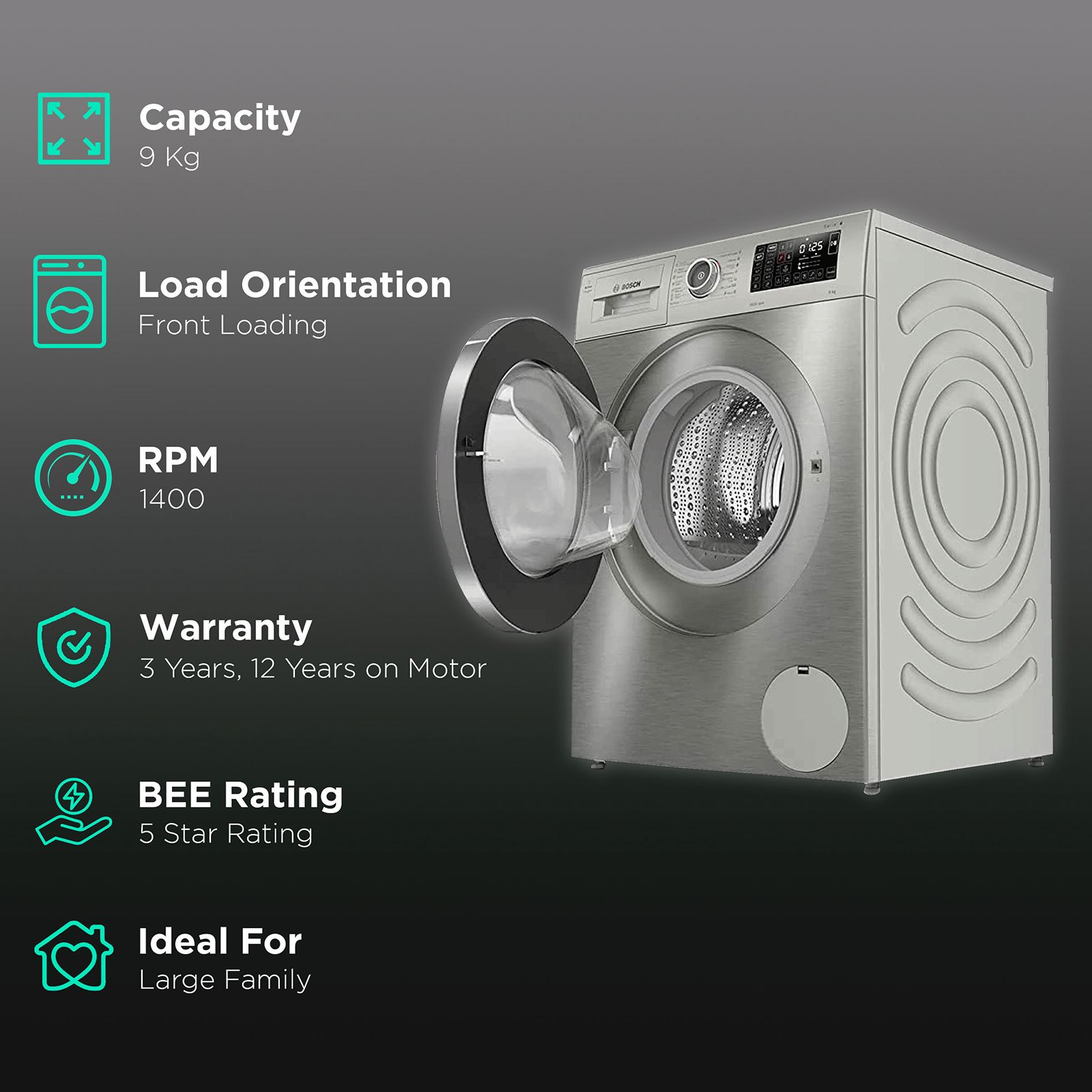 BOSCH 9 kg 5 Star Fully Automatic Front Load Washing Machine (Series 6, WAU28Q9SIN, Foam Detection System, Inox)_2