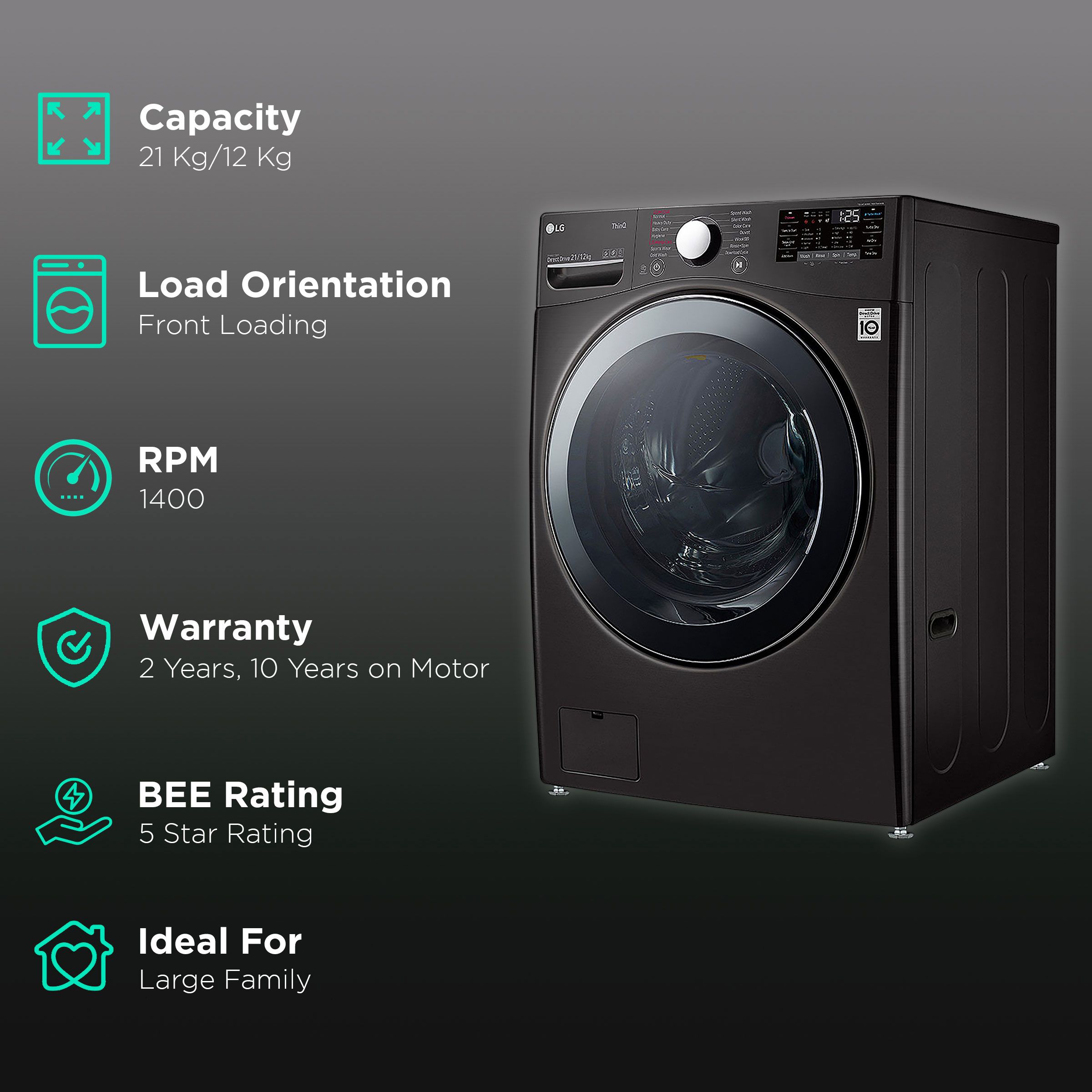 LG 21/12 kg 5 Star Inverter Fully Automatic Front Load Washer Dryer (FHD2112STB.ABLPEIL, Steam Wash Technology, Black VCM)_2