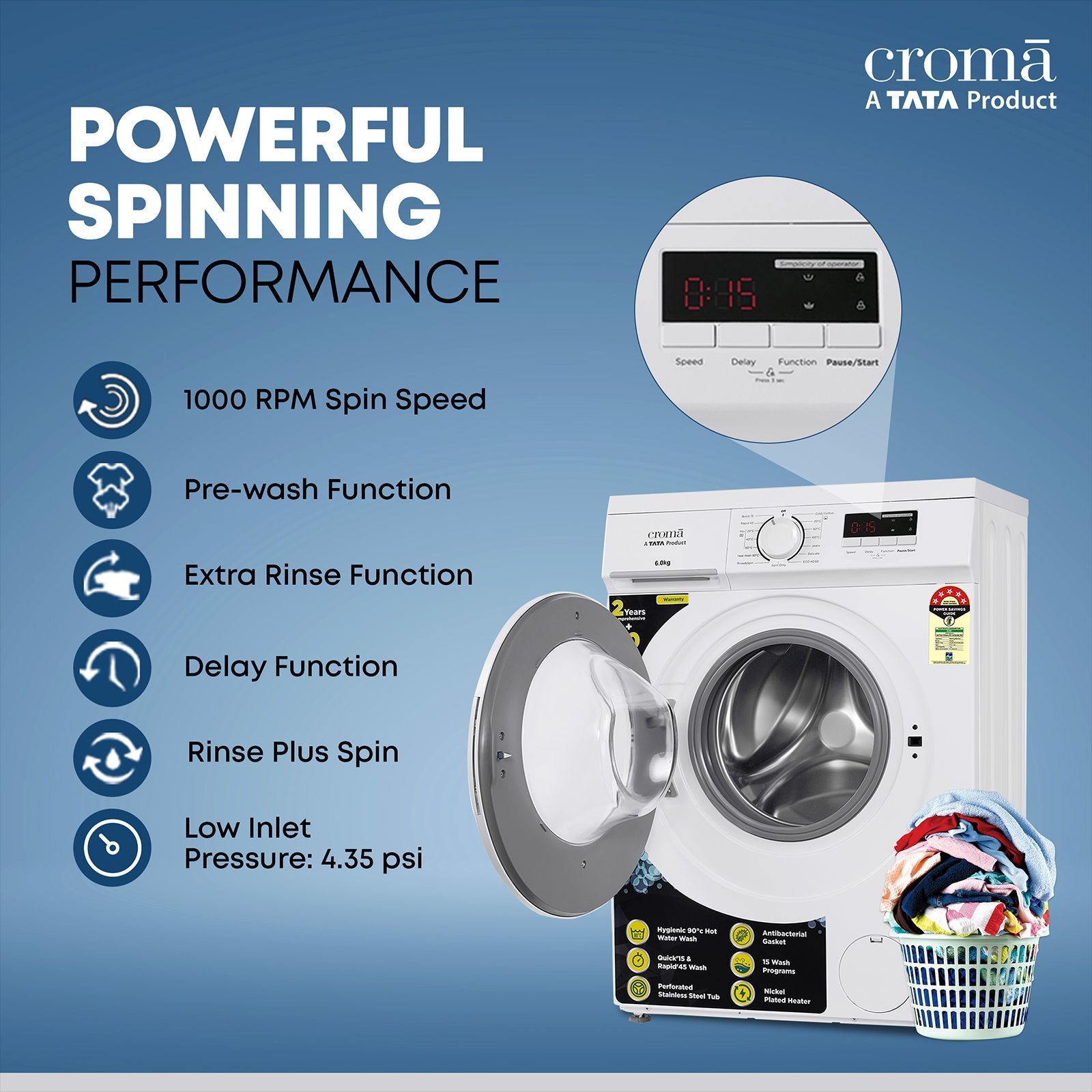 Croma 6 kg 5 Star Fully Automatic Front Load Washing Machine (CRLWFL0605W7901, In-built Heater, White)_8