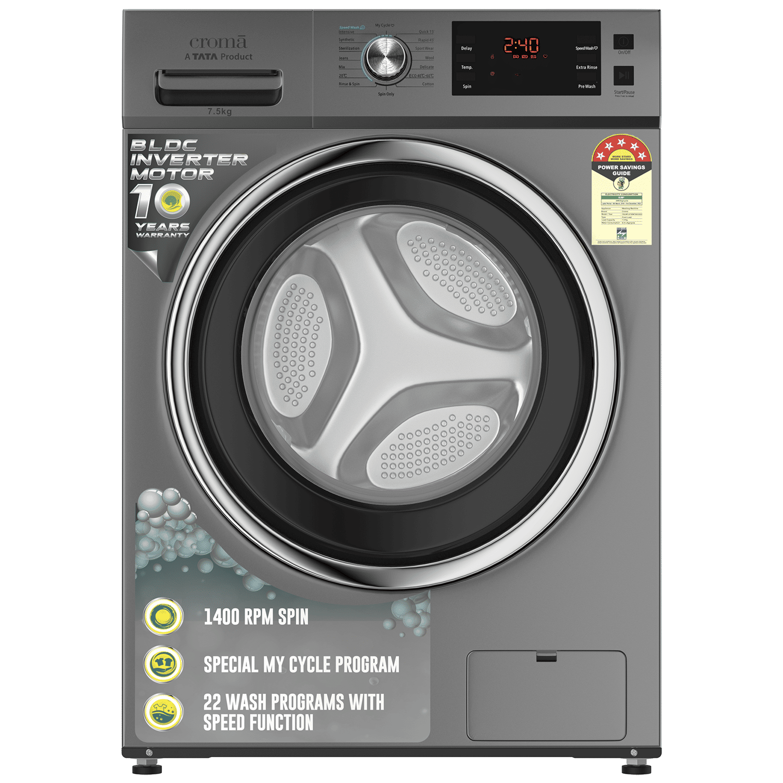 Croma 7.5 kg 5 Star Fully Automatic Front Load Washing Machine (CRLWFL0755W7903, Invertor Motor Technology, Silver Grey) Croma 7.5 kg 5 Star Fully Automatic Front Load Washing Machine (CRLWFL0755W7903, Invertor Motor Technology, Silver Grey)_1