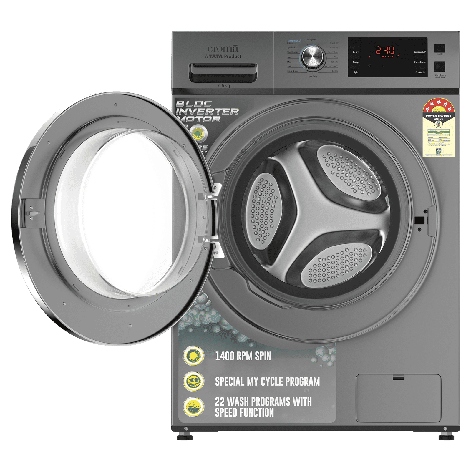 Croma 7.5 kg 5 Star Fully Automatic Front Load Washing Machine (CRLWFL0755W7903, Invertor Motor Technology, Silver Grey) Croma 7.5 kg 5 Star Fully Automatic Front Load Washing Machine (CRLWFL0755W7903, Invertor Motor Technology, Silver Grey)_5