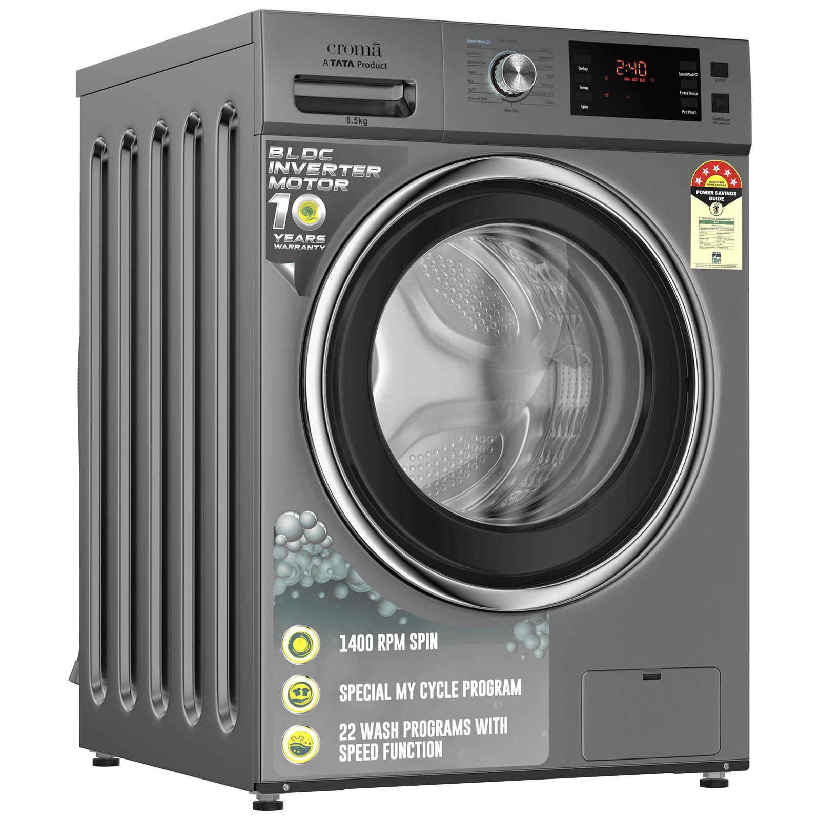 Croma 8.5 kg 5 Star Fully Automatic Front Load Washing Machine (CRLWFL0855W7904, BLDC Invertor Motor, Silver Grey)_4
