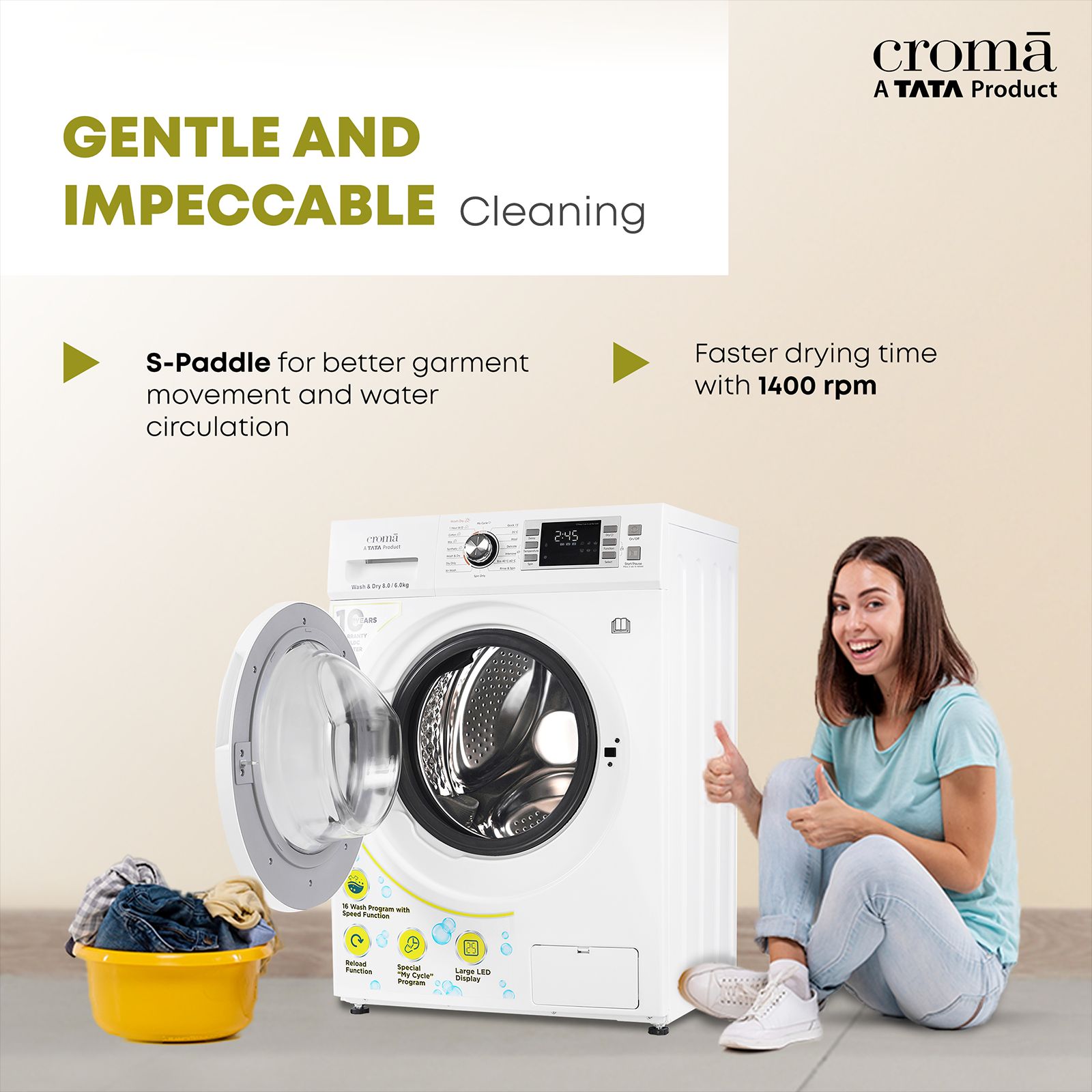 Croma 8/6 kg Fully Automatic Front Load Washer Dryer Combo ( Built-In Heater, White) Croma 8/6 kg Fully Automatic Front Load Washer Dryer Combo ( Built-In Heater, White)_7