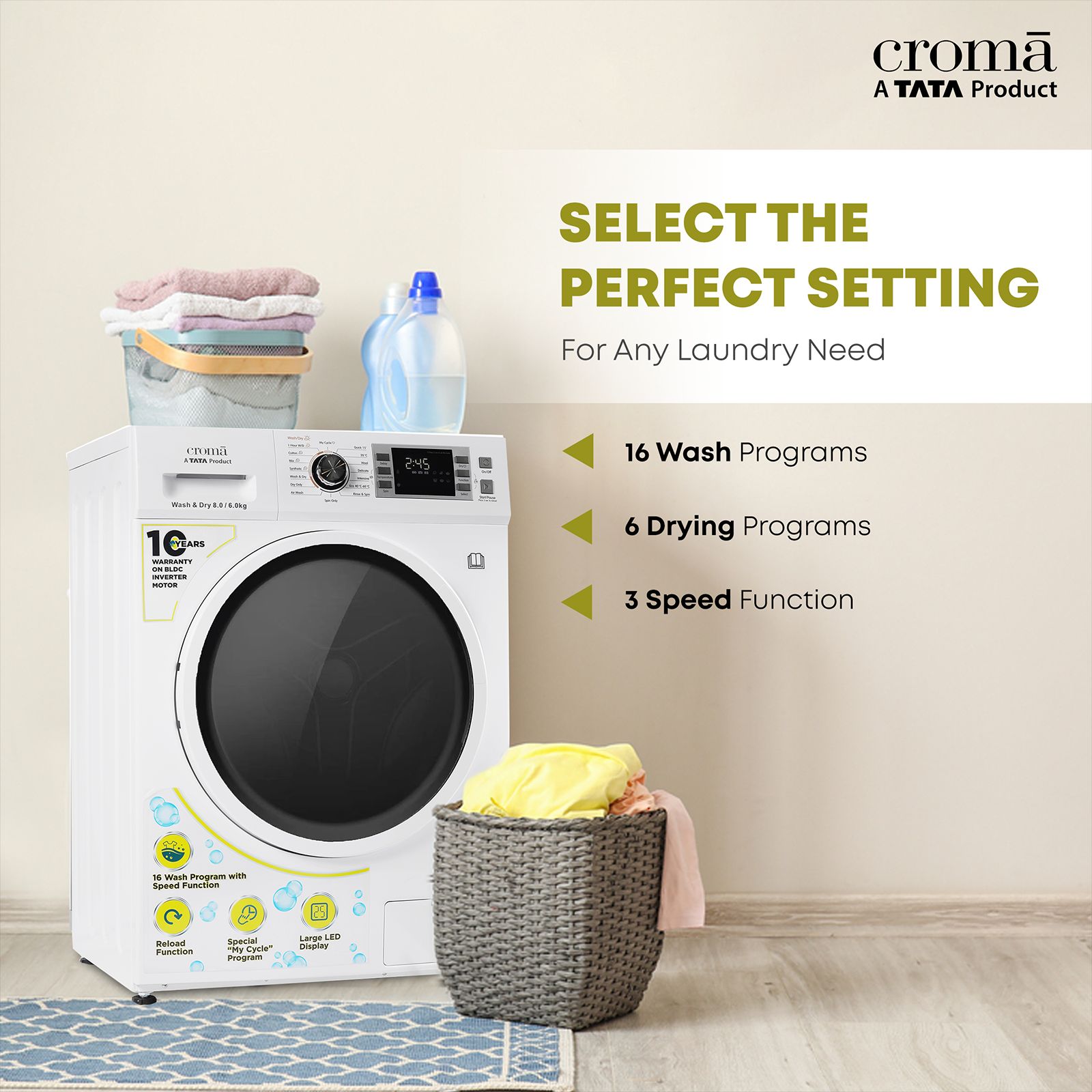 Croma 8/6 kg Fully Automatic Front Load Washer Dryer Combo ( Built-In Heater, White) Croma 8/6 kg Fully Automatic Front Load Washer Dryer Combo ( Built-In Heater, White)_10