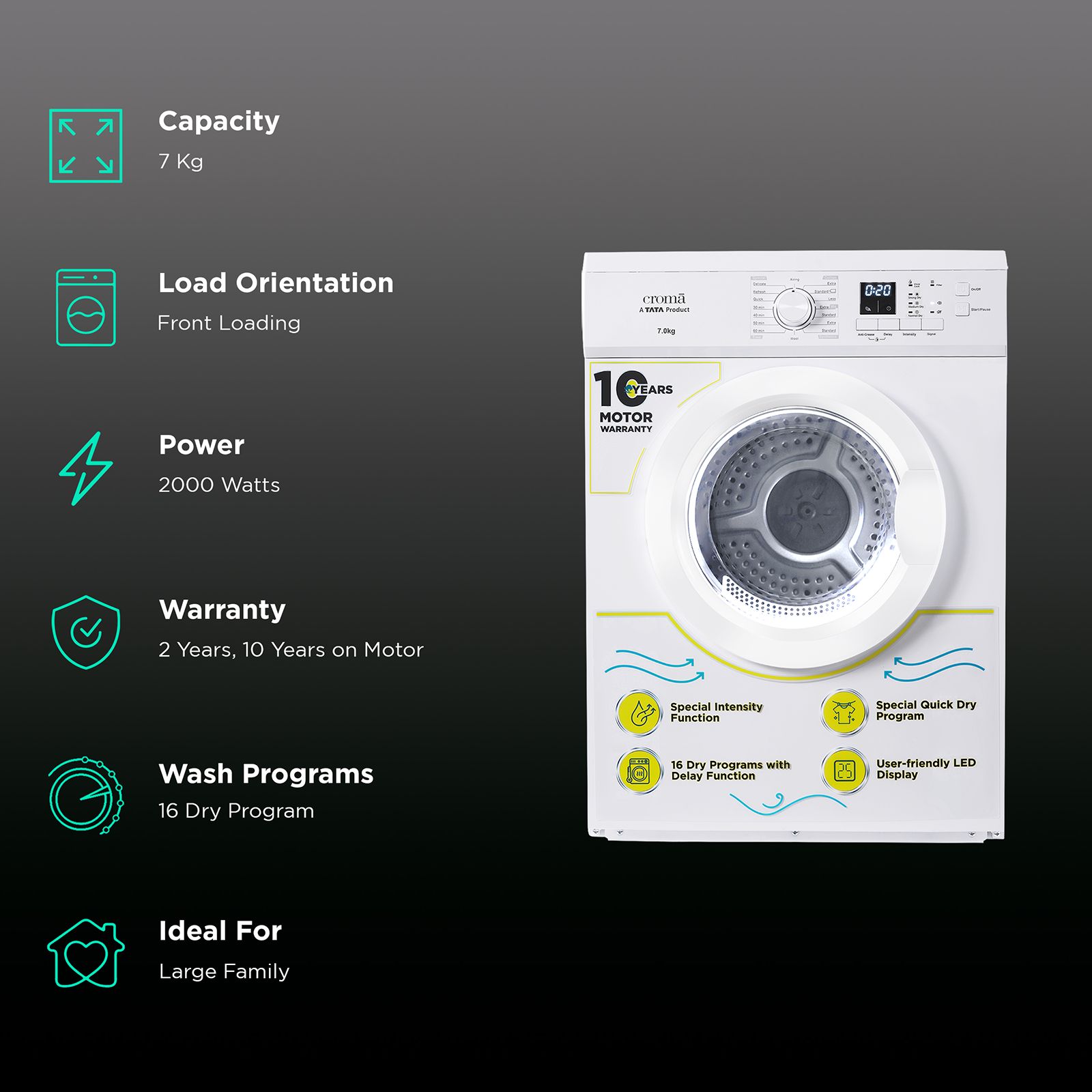 Croma 7 kg Fully Automatic Front Load Dryer (Fixed Frequency Motor, White) Croma 7 kg Fully Automatic Front Load Dryer (Fixed Frequency Motor, White)_3