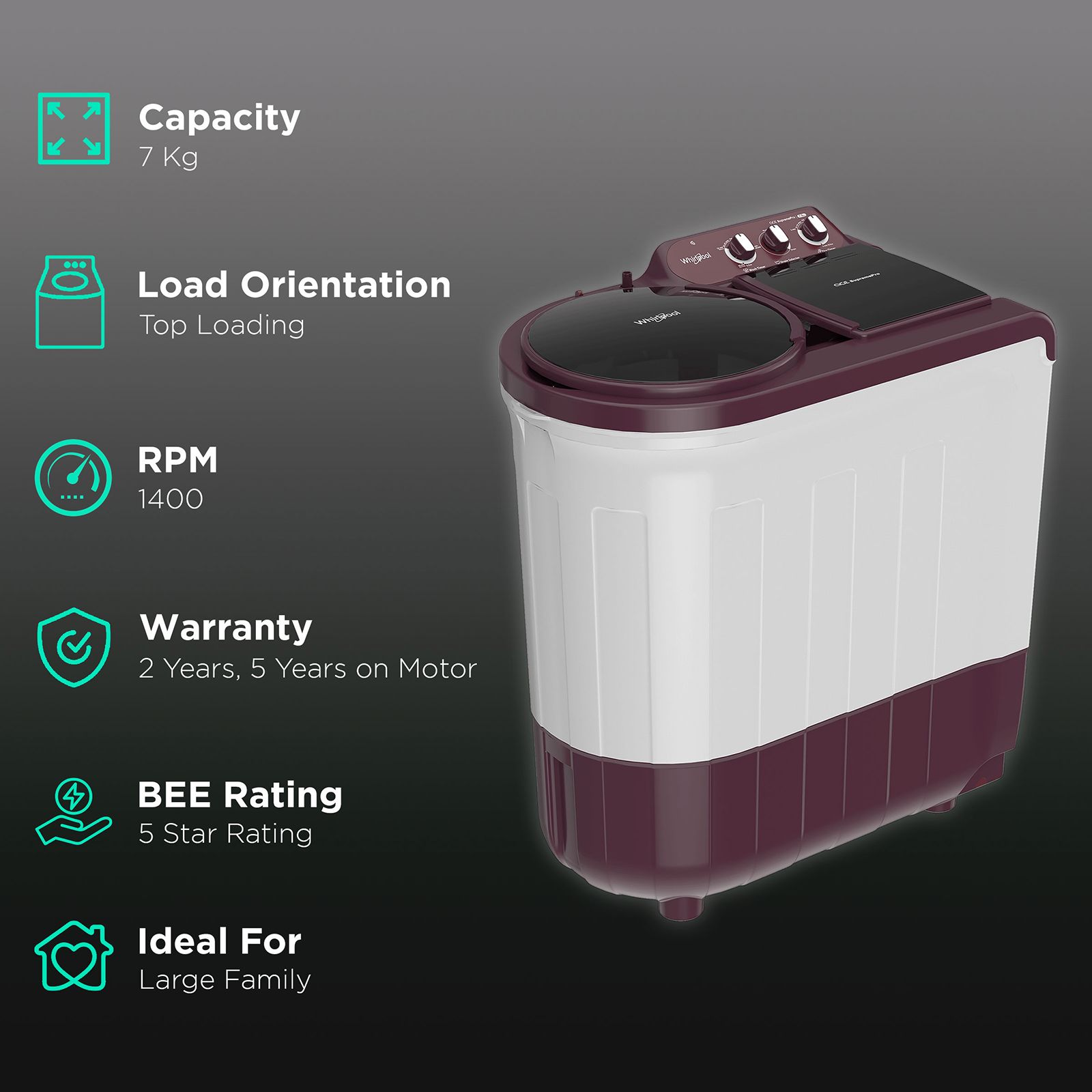 Whirlpool 7 kg 5 Star Semi Automatic Washing Machine with In-Built Collar Scrubber (Ace Supreme Pro, 30271, Wine) Whirlpool 7 kg 5 Star Semi Automatic Washing Machine with In-Built Collar Scrubber (Ace Supreme Pro, 30271, Wine)_2
