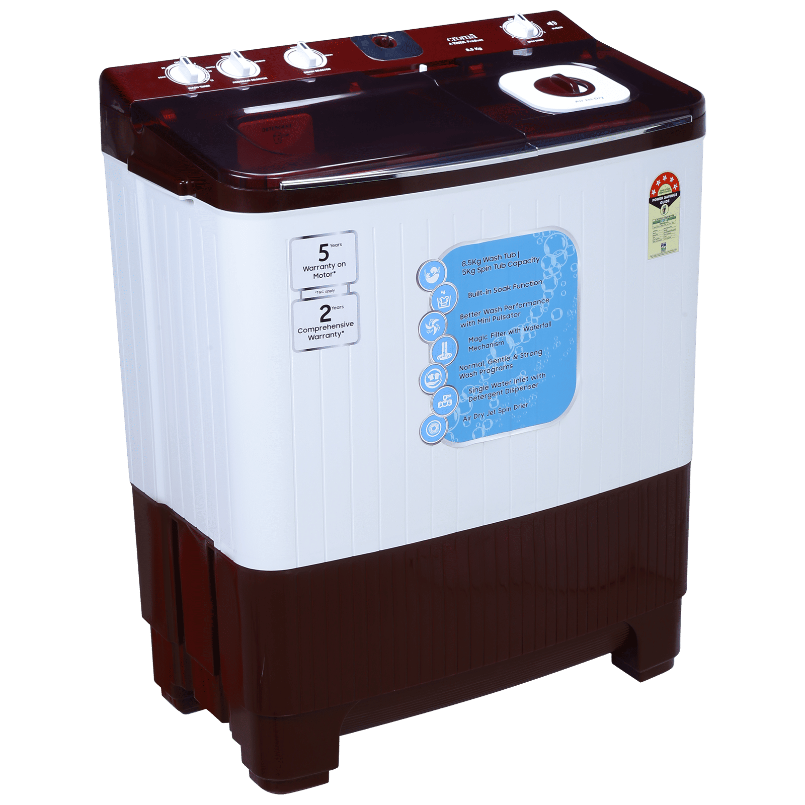 Croma 8.5 kg 5 Star Semi Automatic Washing Machine with Active Soak Function ( Burgundy)_9