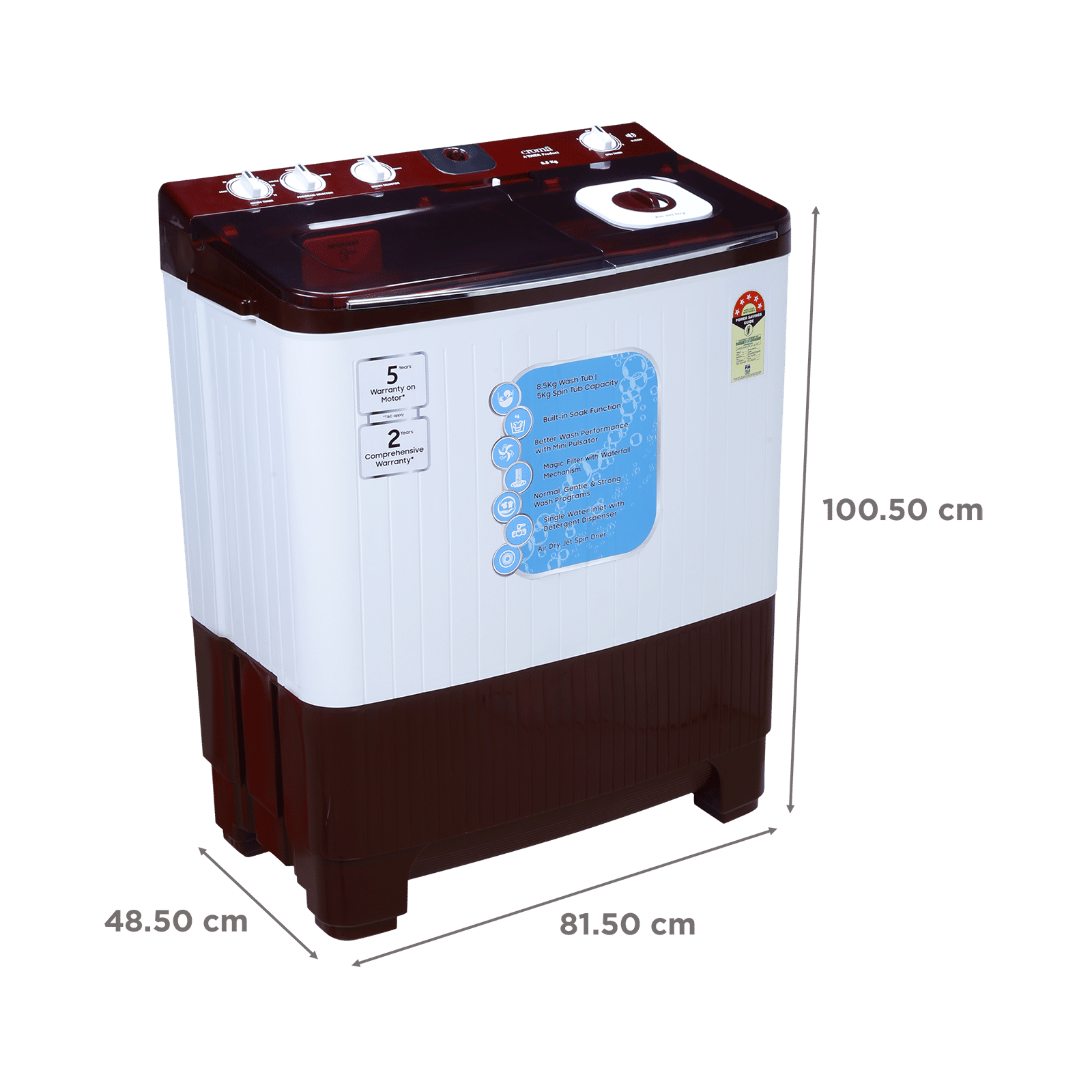 Croma 8.5 kg 5 Star Semi Automatic Washing Machine with Active Soak Function ( Burgundy)_3